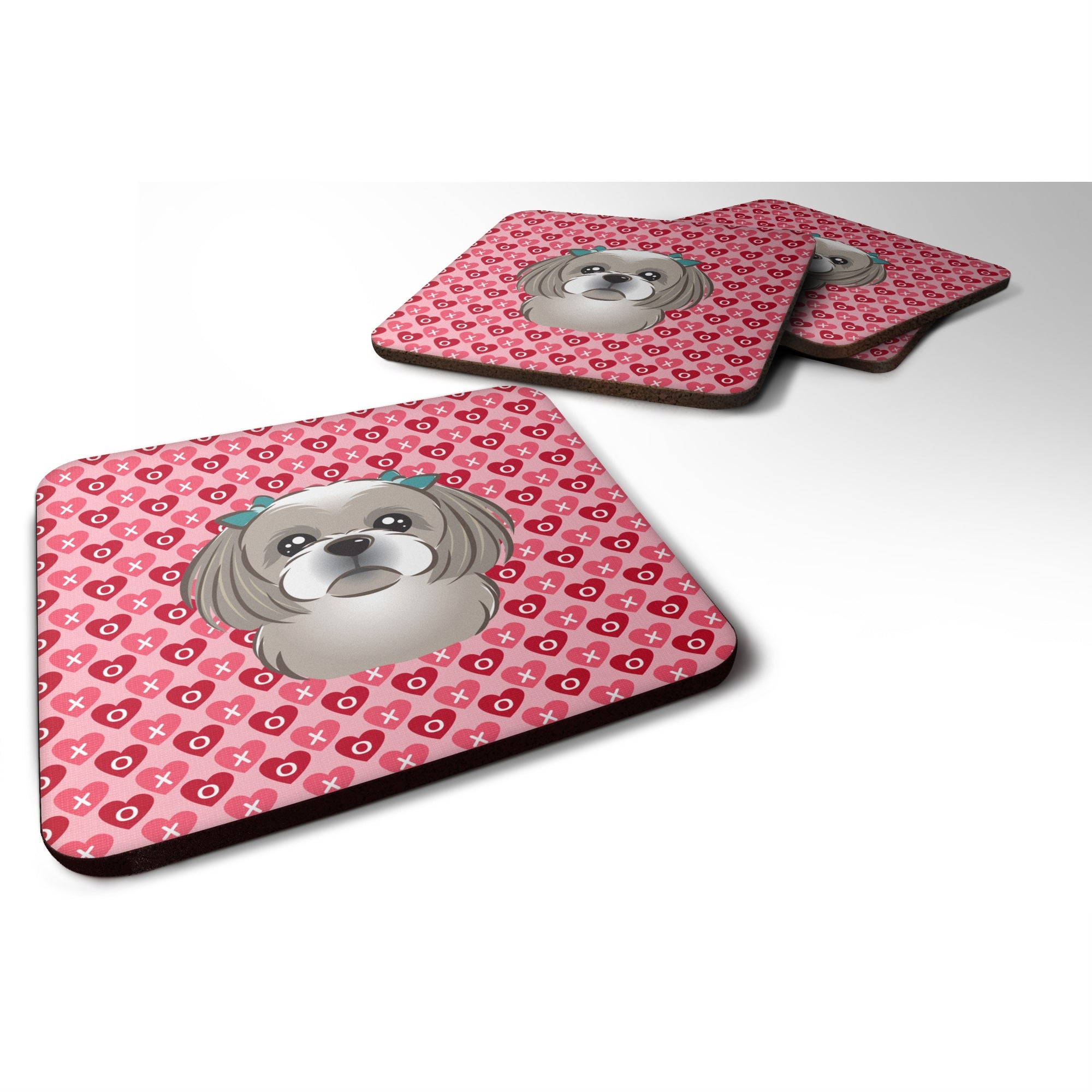'Caroline'S Treasures Gray Silver Shih Tzu Hearts Foam Coaster Set Of 4, 3.5, Multicolor''
