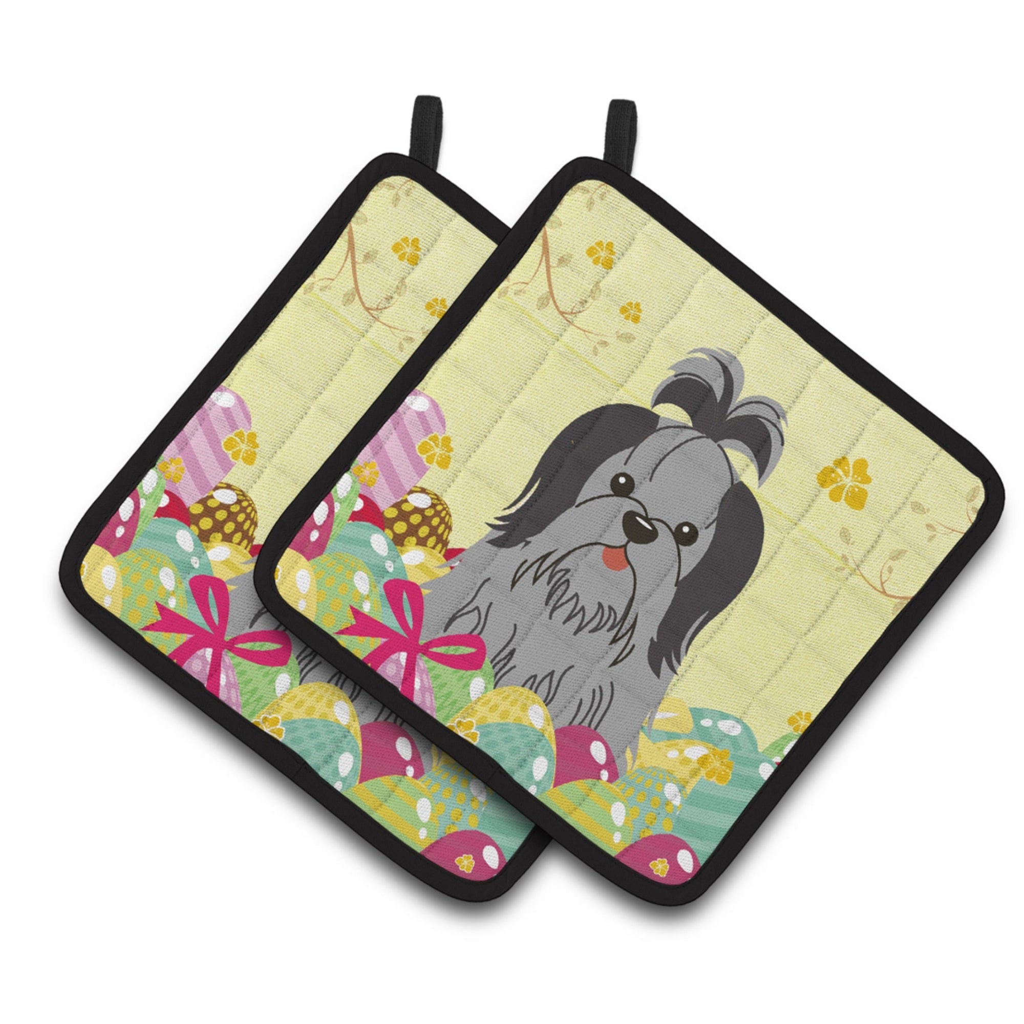 'Caroline'S Treasures Easter Shih Tzu Black Silver Pair Of Pot Holders, 7.5Hx7.5W, Multicolor''