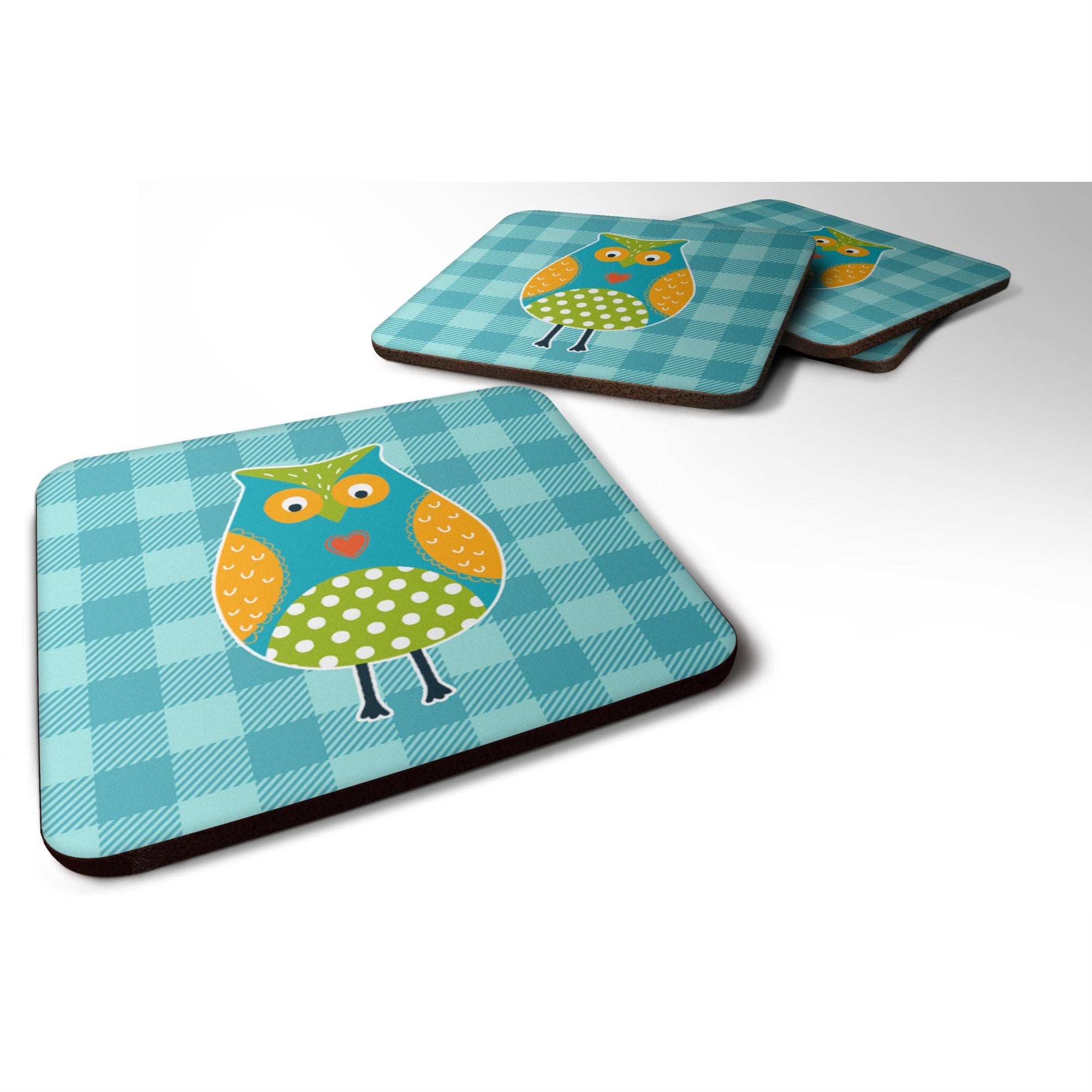 'Caroline'S Treasures Owl On Blue Plaid Foam Coaster Set Of 4, 3.5, Multicolor''