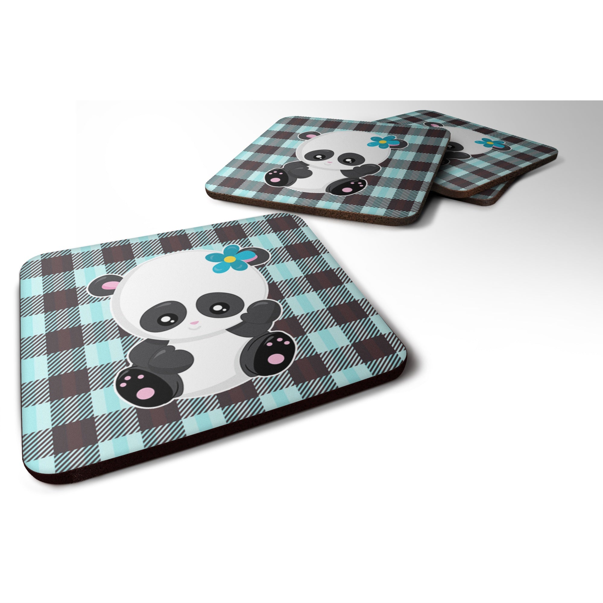 'Caroline'S Treasures Panda On Plaid Foam Coaster Set Of 4, 3.5, Multicolor''