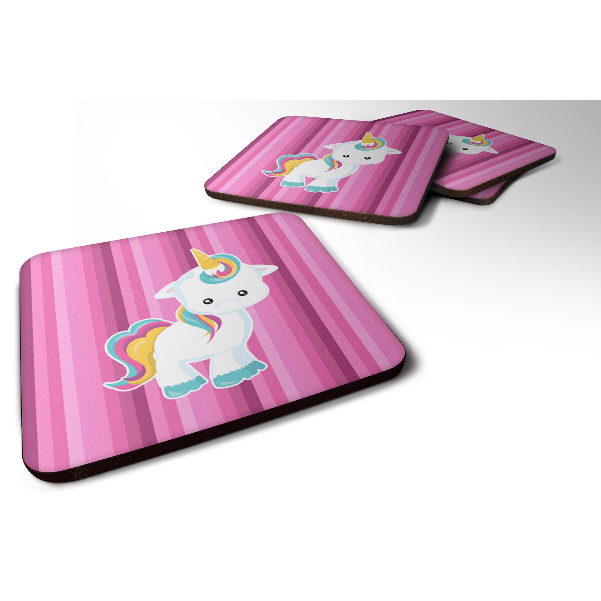 'Caroline'S Treasures Pink Stripes Unicorn Foam Coaster Set Of 4, 3.5, Multicolor''