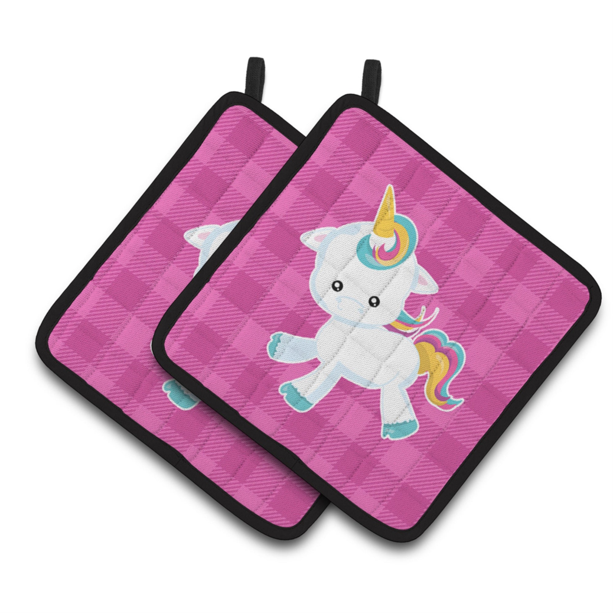 'Caroline'S Treasures Pink Plaid Unicorn Pair Of Pot Holders, 7.5 X 7.5, Multicolor''