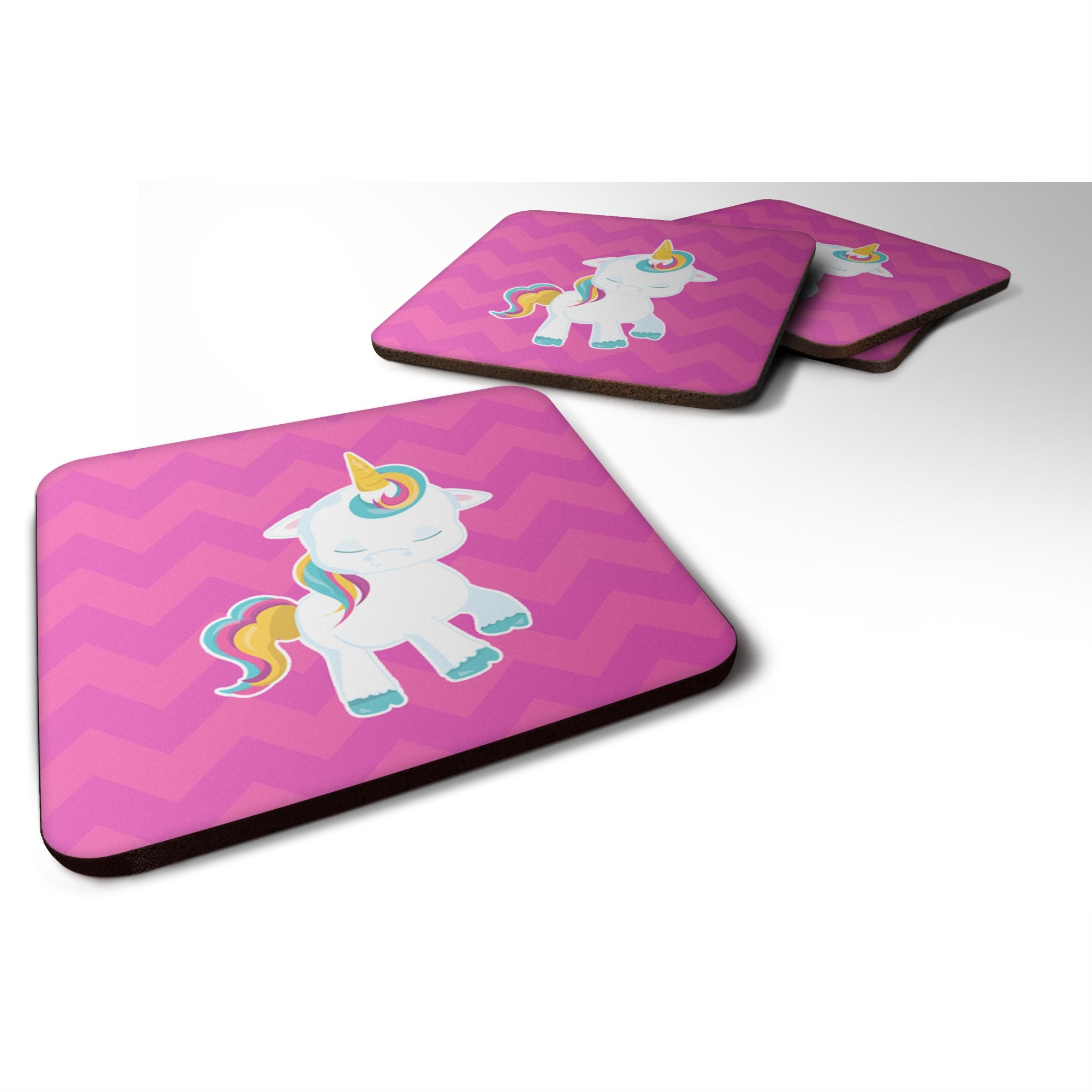 'Caroline'S Treasures Pink Chevron Unicorn Foam Coaster Set Of 4, 3.5, Multicolor''