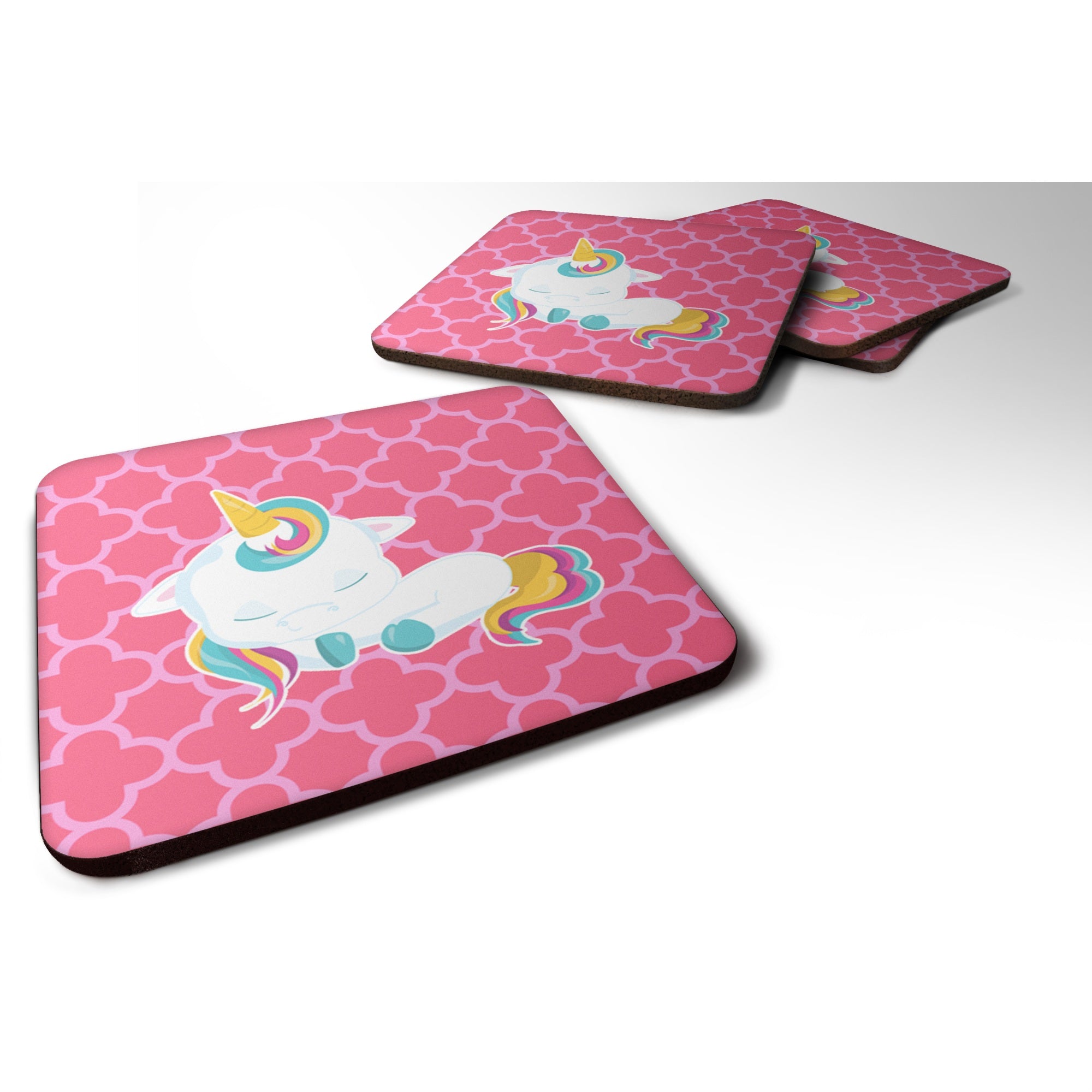 'Caroline'S Treasures Quatrafoil Pink Unicorn Foam Coaster Set Of 4, 3.5, Multicolor''