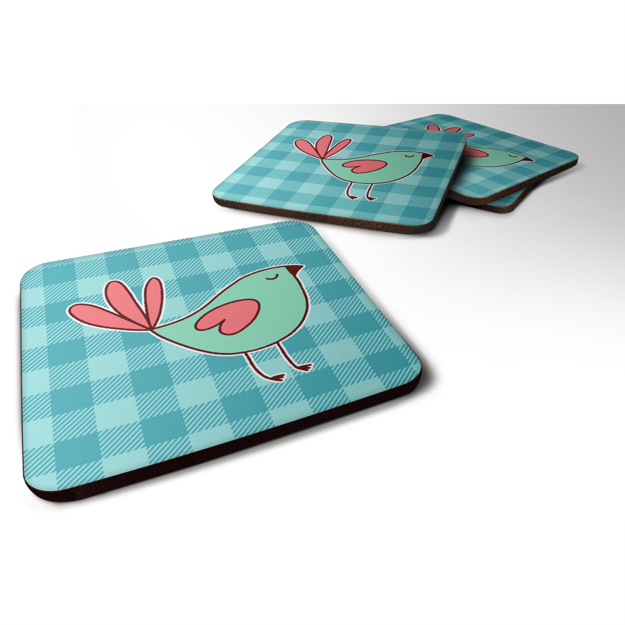 'Caroline'S Treasures Bird On Blue Plaid Foam Coaster Set Of 4, 3.5, Multicolor''