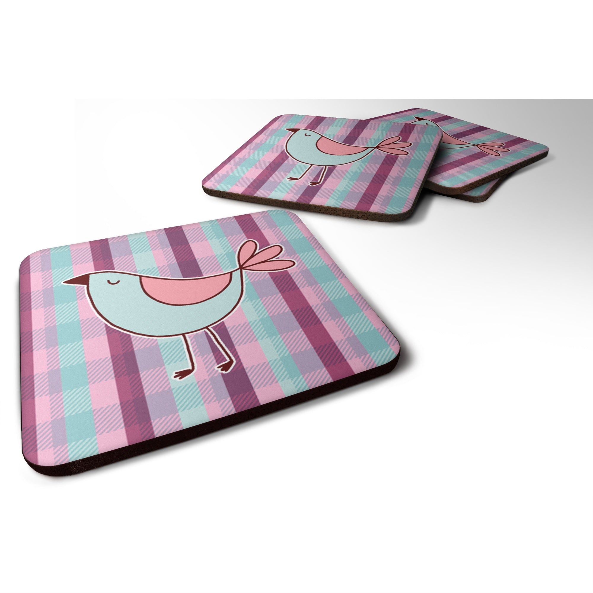 'Caroline'S Treasures Bird On Purple Plaid Foam Coaster Set Of 4, 3.5, Multicolor''