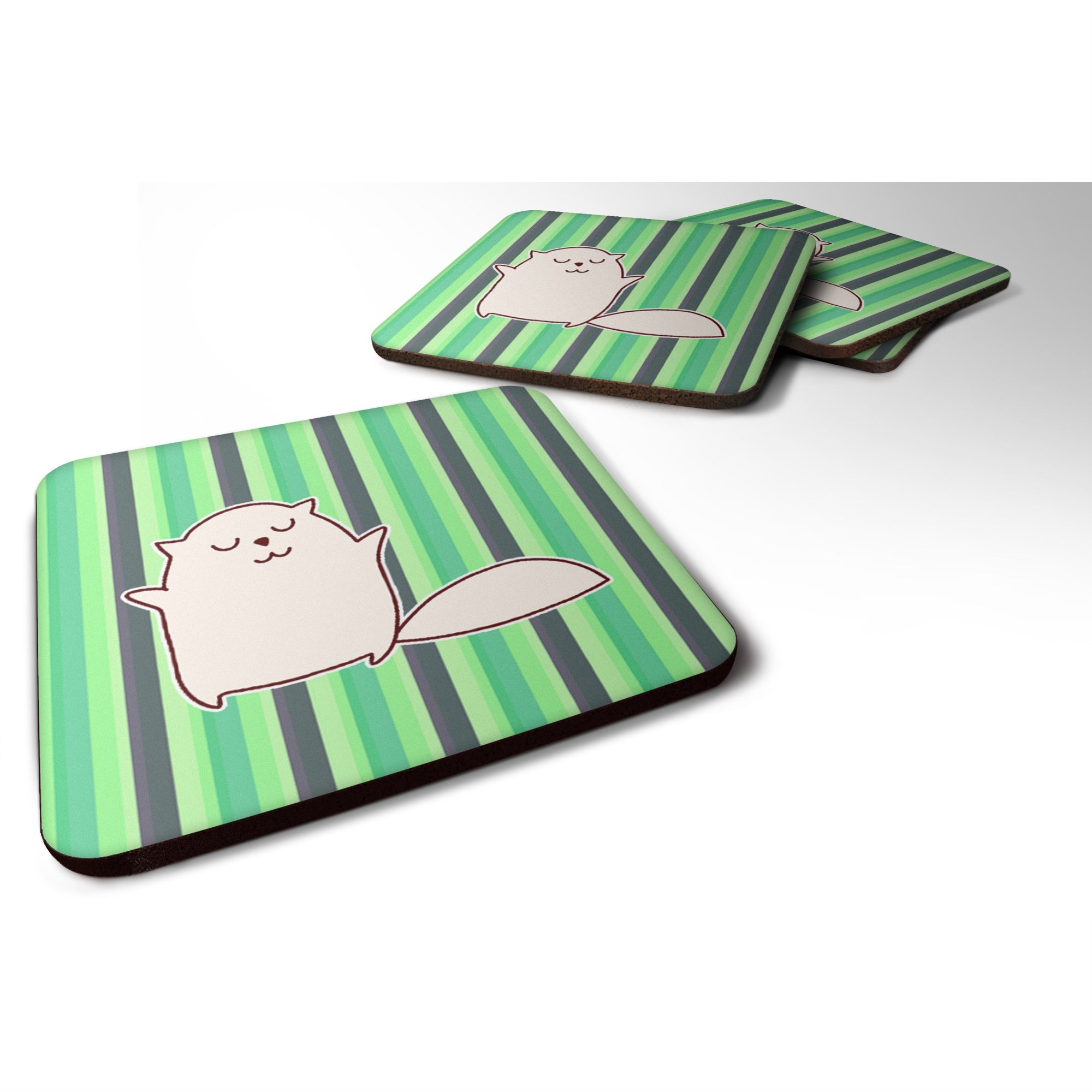 'Caroline'S Treasures Cat Green Stripes Foam Coaster Set Of 4, 3.5, Multicolor''