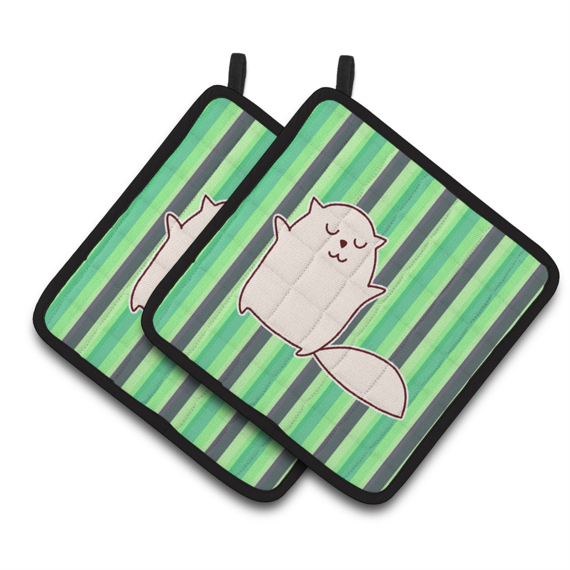 'Caroline'S Treasures Bb6856Pthd Cat Green Stripes Pair Of Pot Holders, 7.5 X 7.5'''', Multicolor''