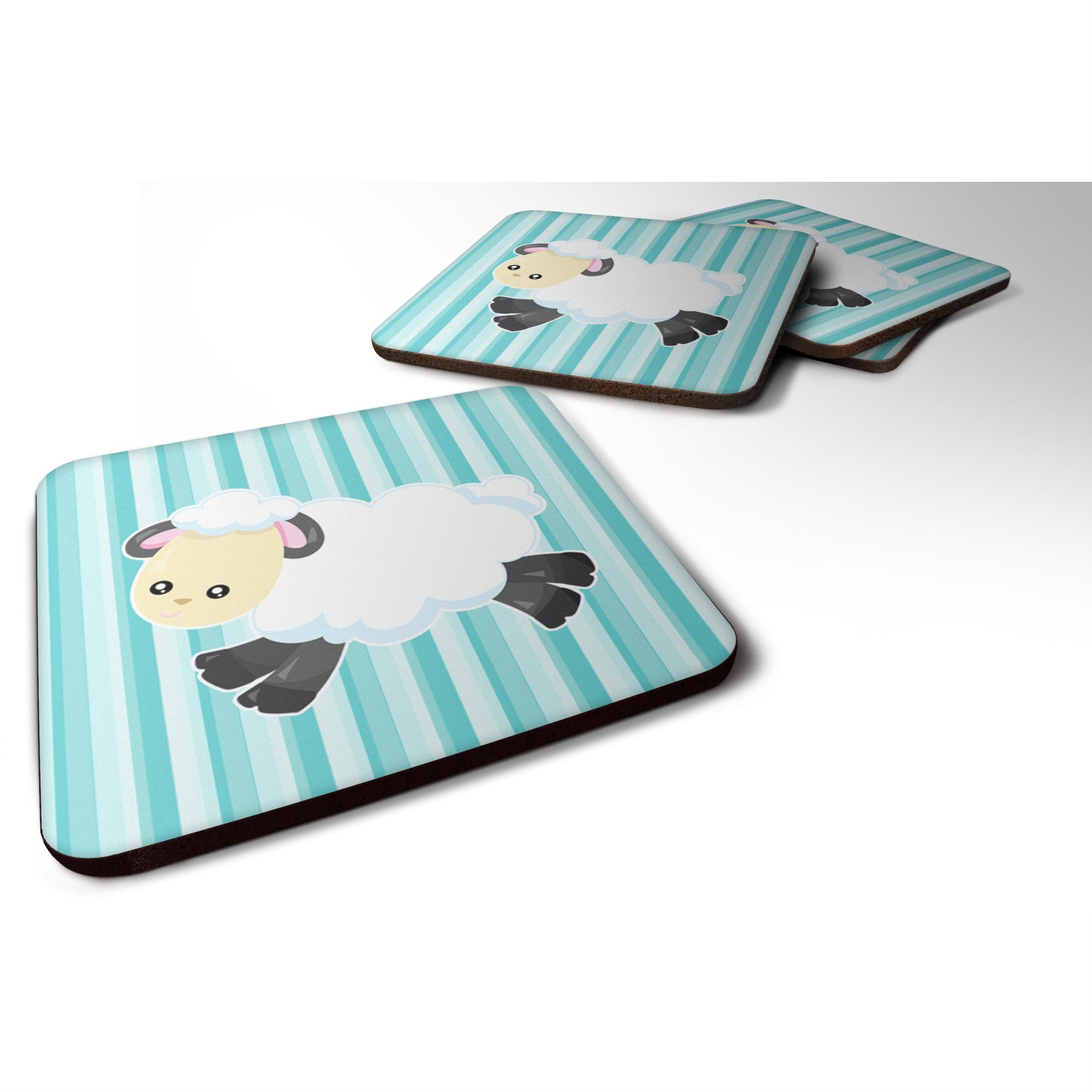 'Caroline'S Treasures Sheep On Blue Stripes Foam Coaster Set Of 4, 3.5, Multicolor''