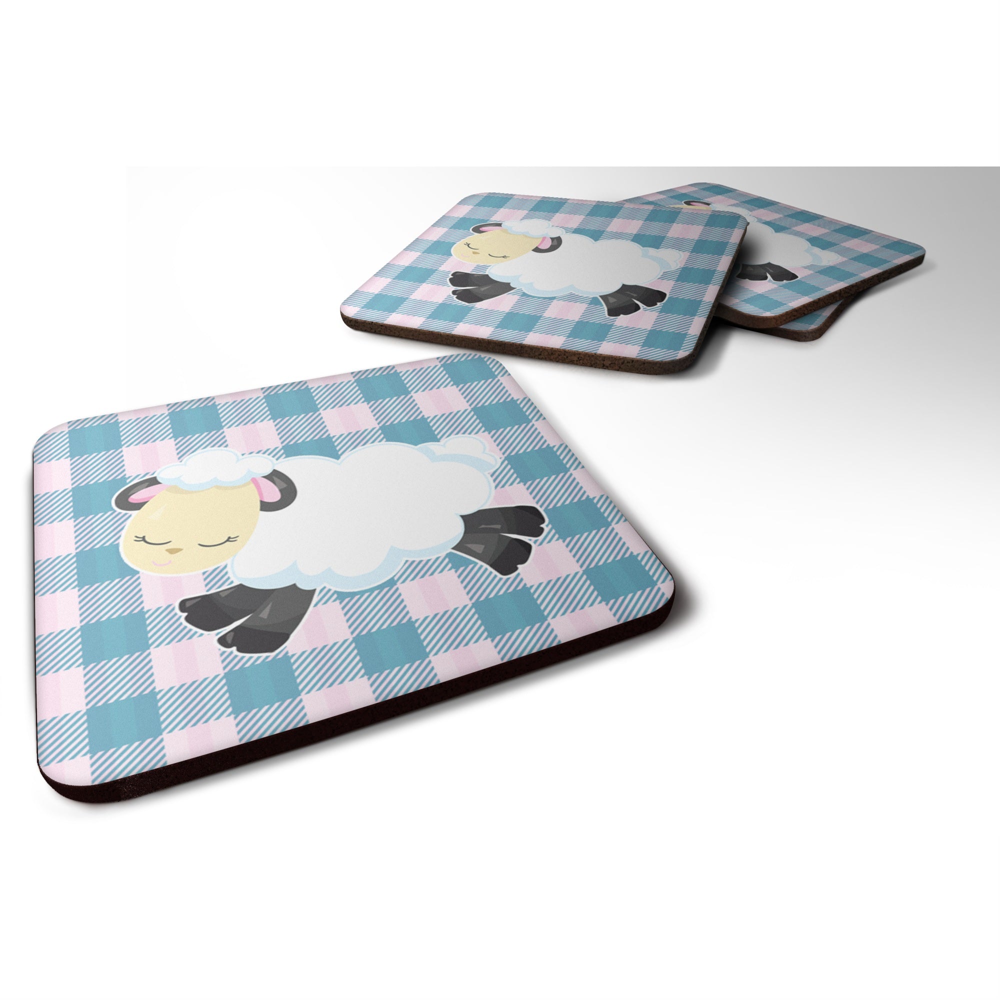 'Caroline'S Treasures Sheep On Blue Gingham Foam Coaster Set Of 4, 3.5, Multicolor''