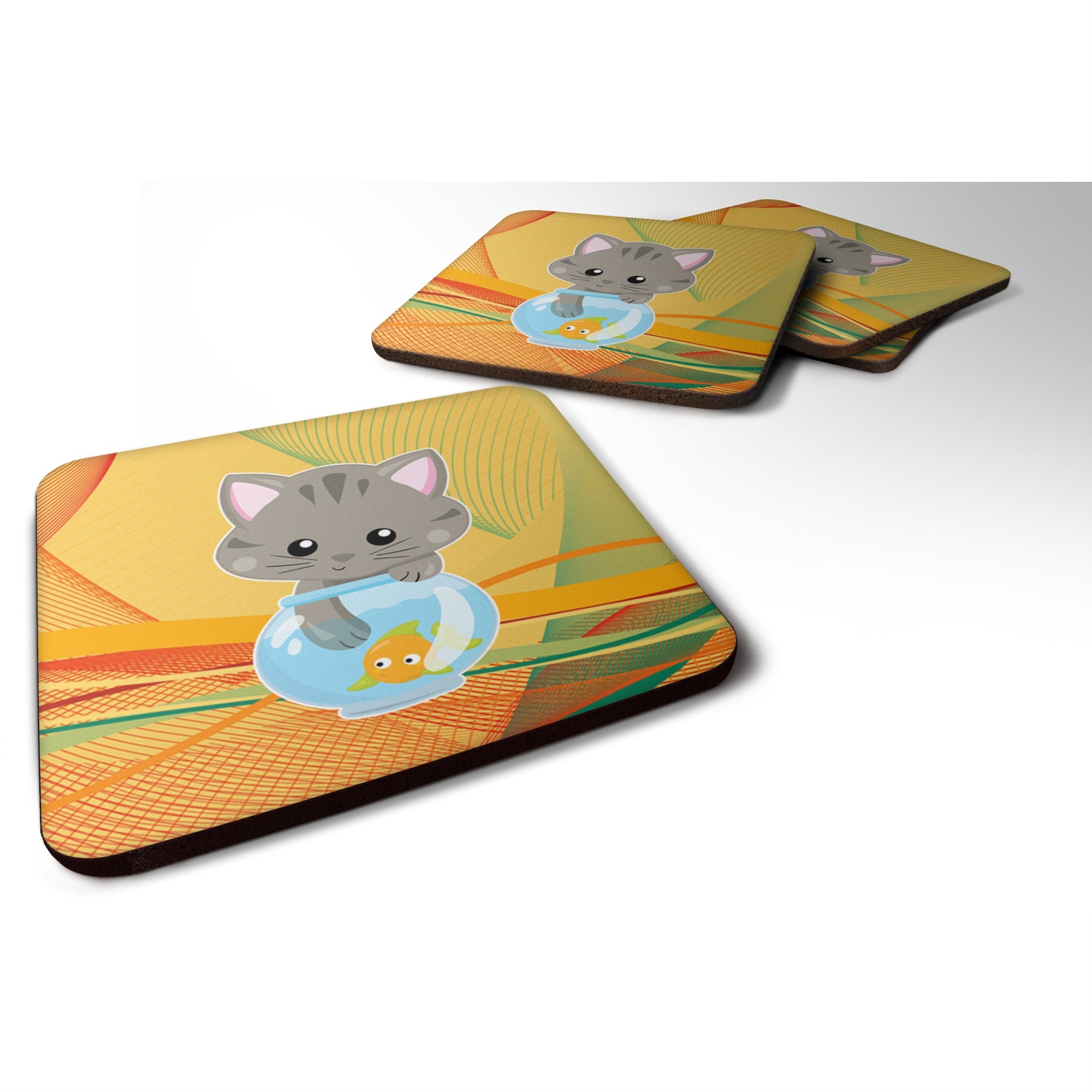 'Caroline'S Treasures Kitten In The Fish Bowl Foam Coaster Set Of 4, 3.5, Multicolor''