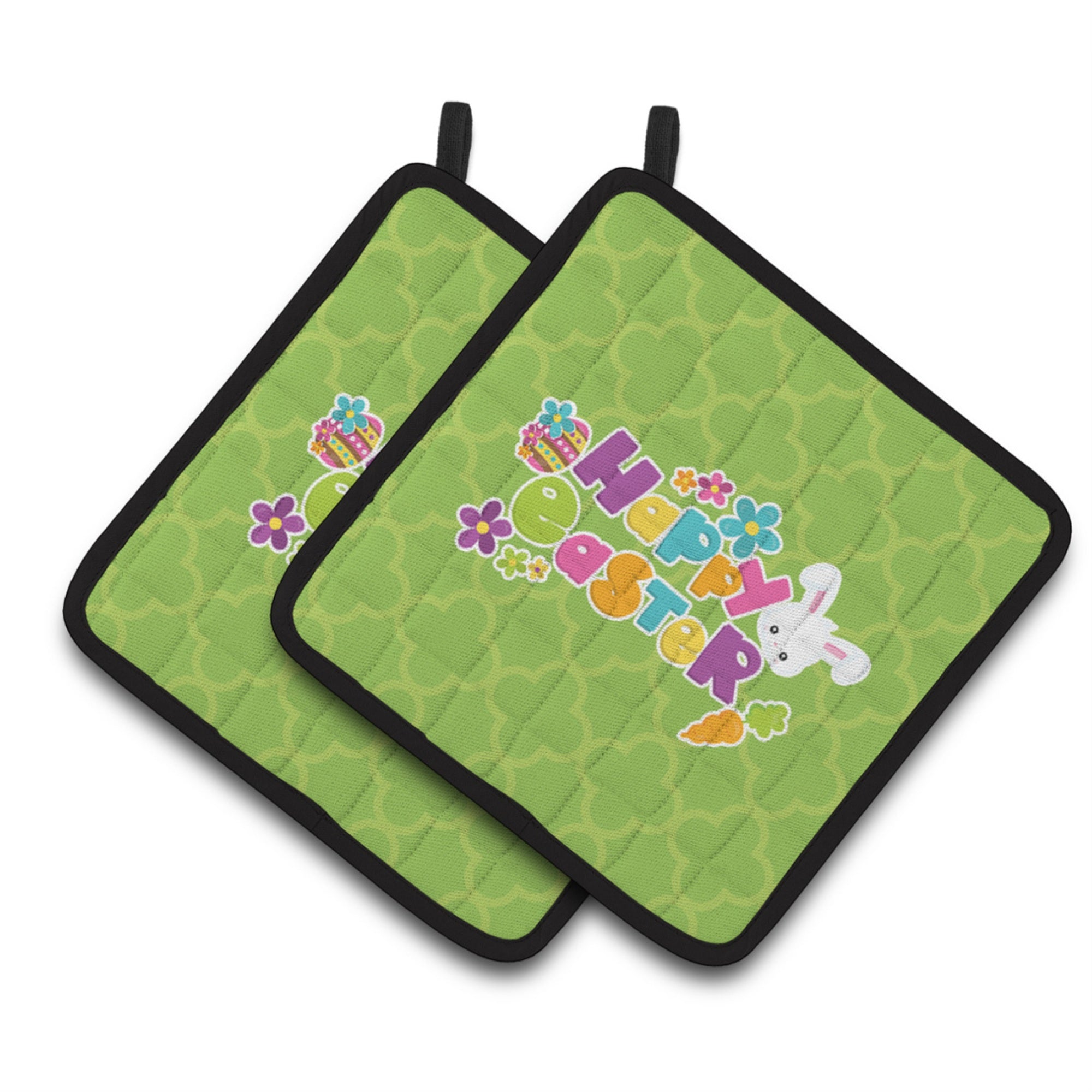 'Caroline'S Treasures Bb6900Pthd Happy Easter Green Quatrafoil Pair Of Pot Holders, 7.5 X 7.5'''', Multicolor''