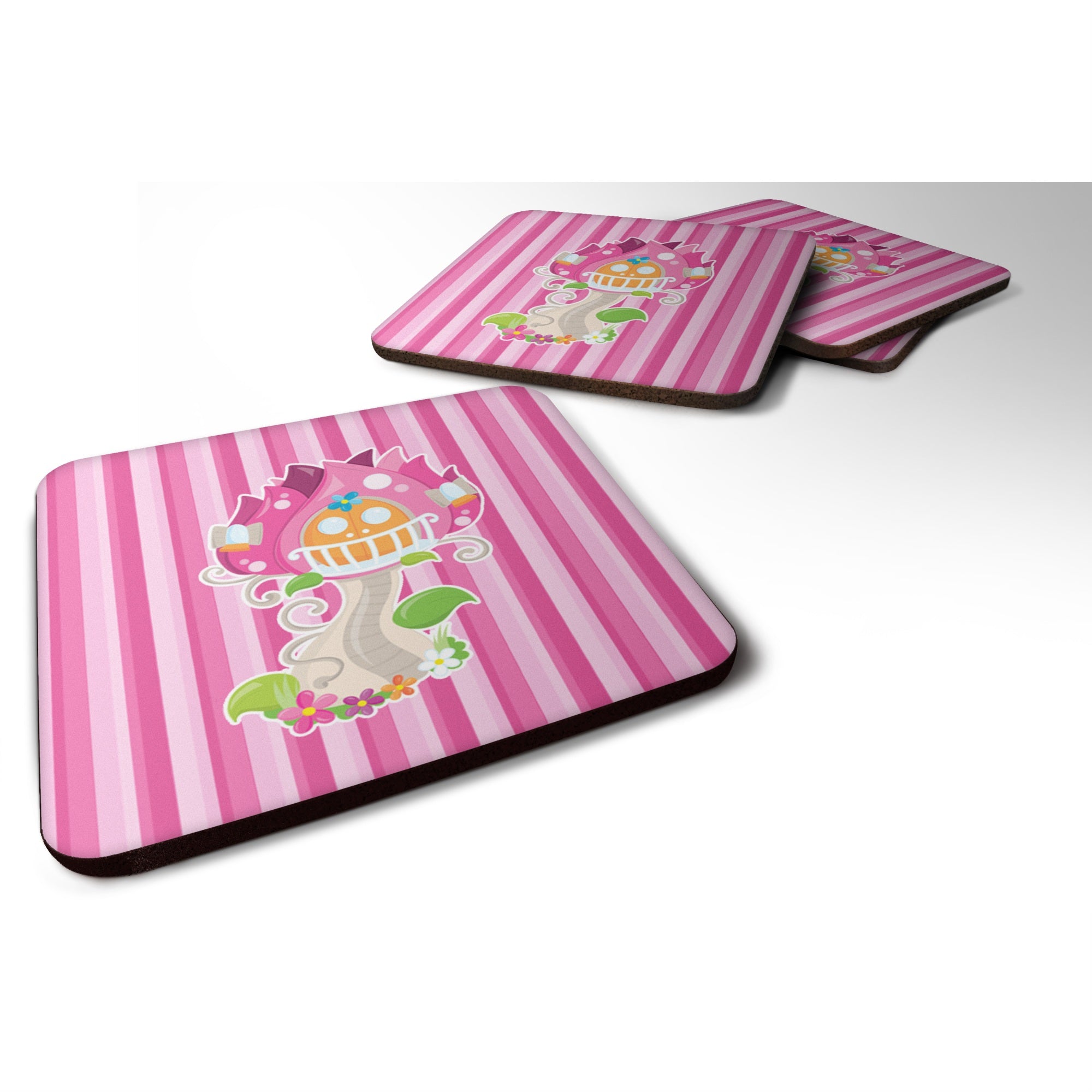 'Caroline'S Treasures Fairy House Pink Stripes Foam Coaster Set Of 4, 3.5, Multicolor''