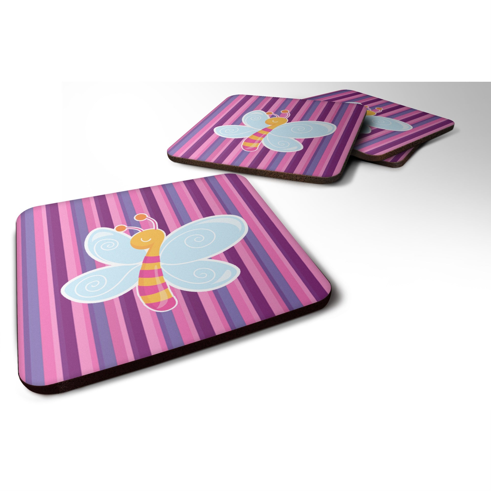 'Caroline'S Treasures Dragonfly In Pink Stripes Foam Coaster Set Of 4, 3.5, Multicolor''