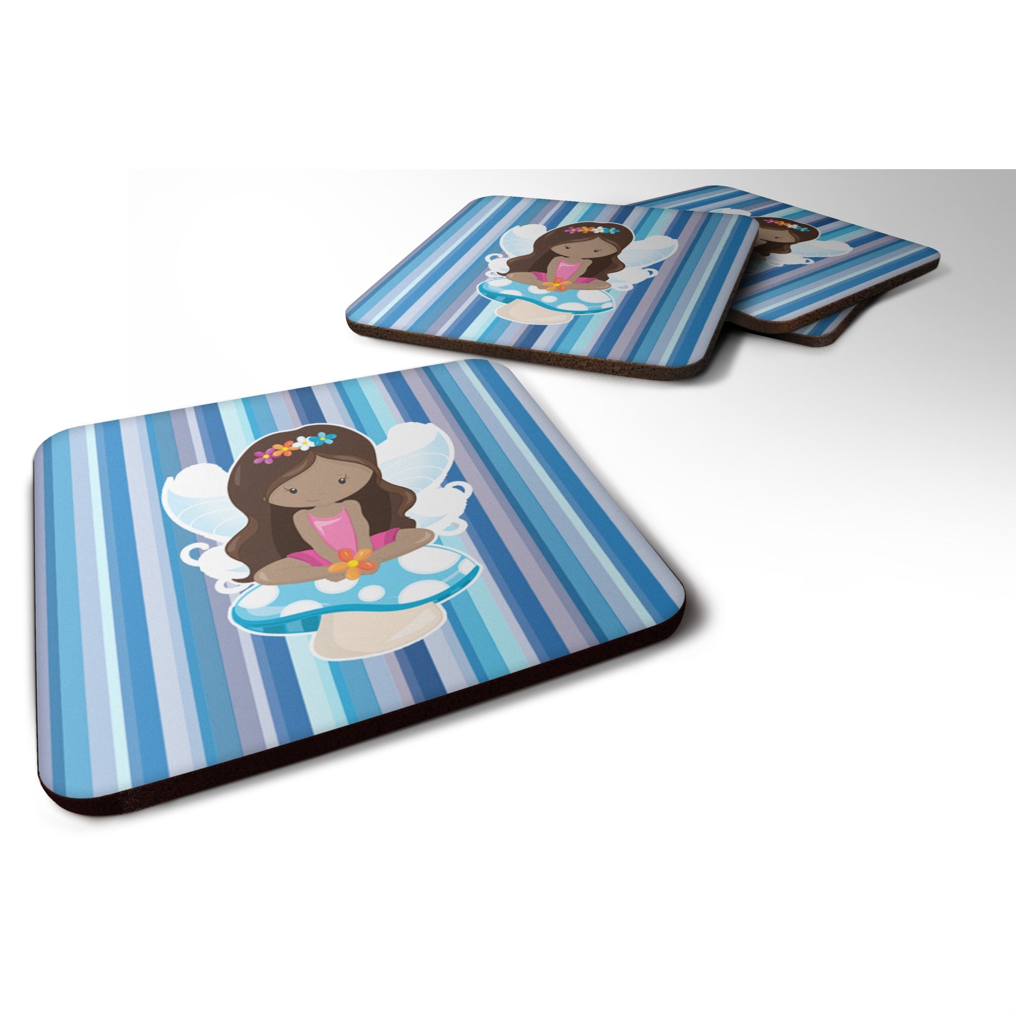 'Caroline'S Treasures Bb6917Fc Fairy Blue Stripes Foam Coaster Set Of 4, 3.5'''', Multicolor''