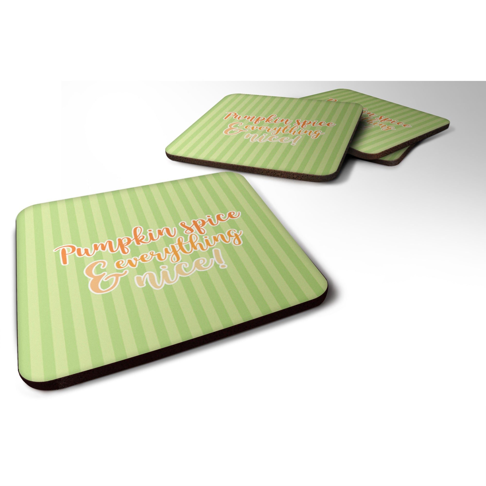 'Caroline'S Treasures Fall Pumpkin Spice Green Stripe Foam Coaster Set Of 4, 3.5, Multicolor''