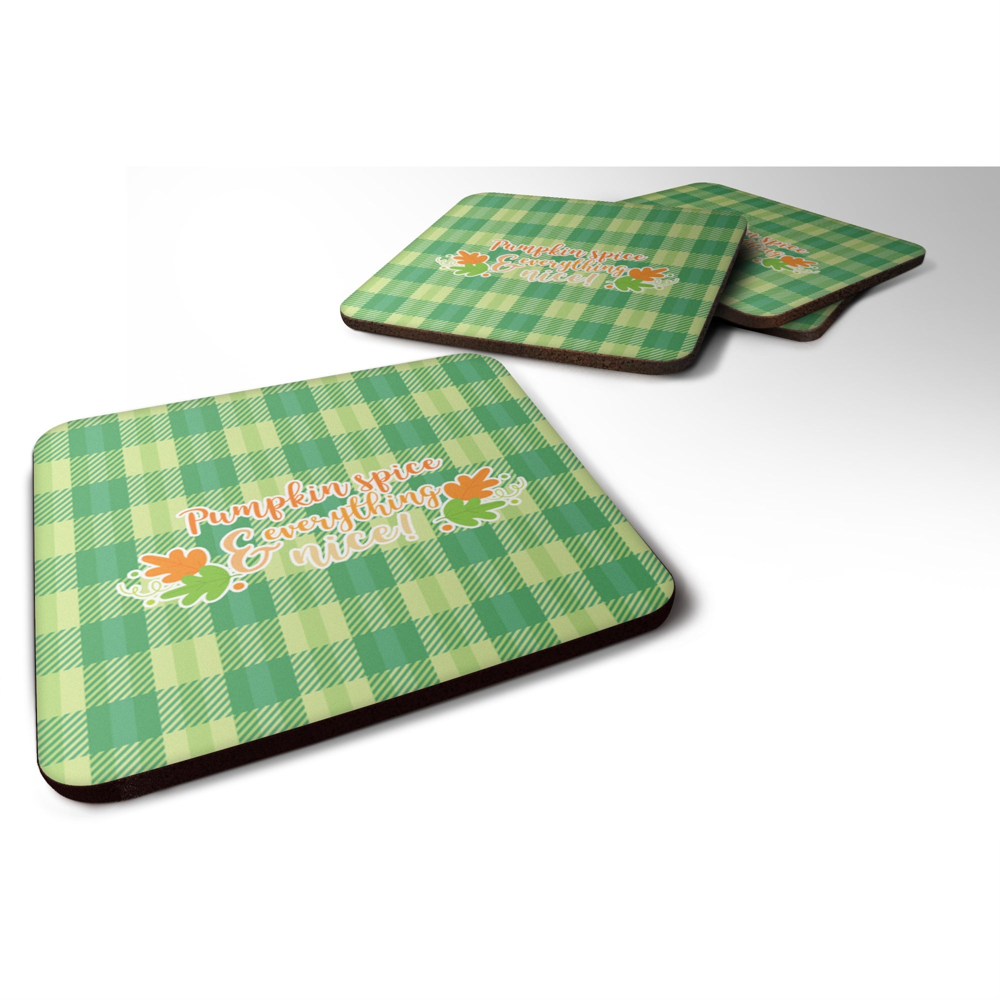 'Caroline'S Treasures Fall Pumpkin Spice Gingham Foam Coaster Set Of 4, 3.5, Multicolor''