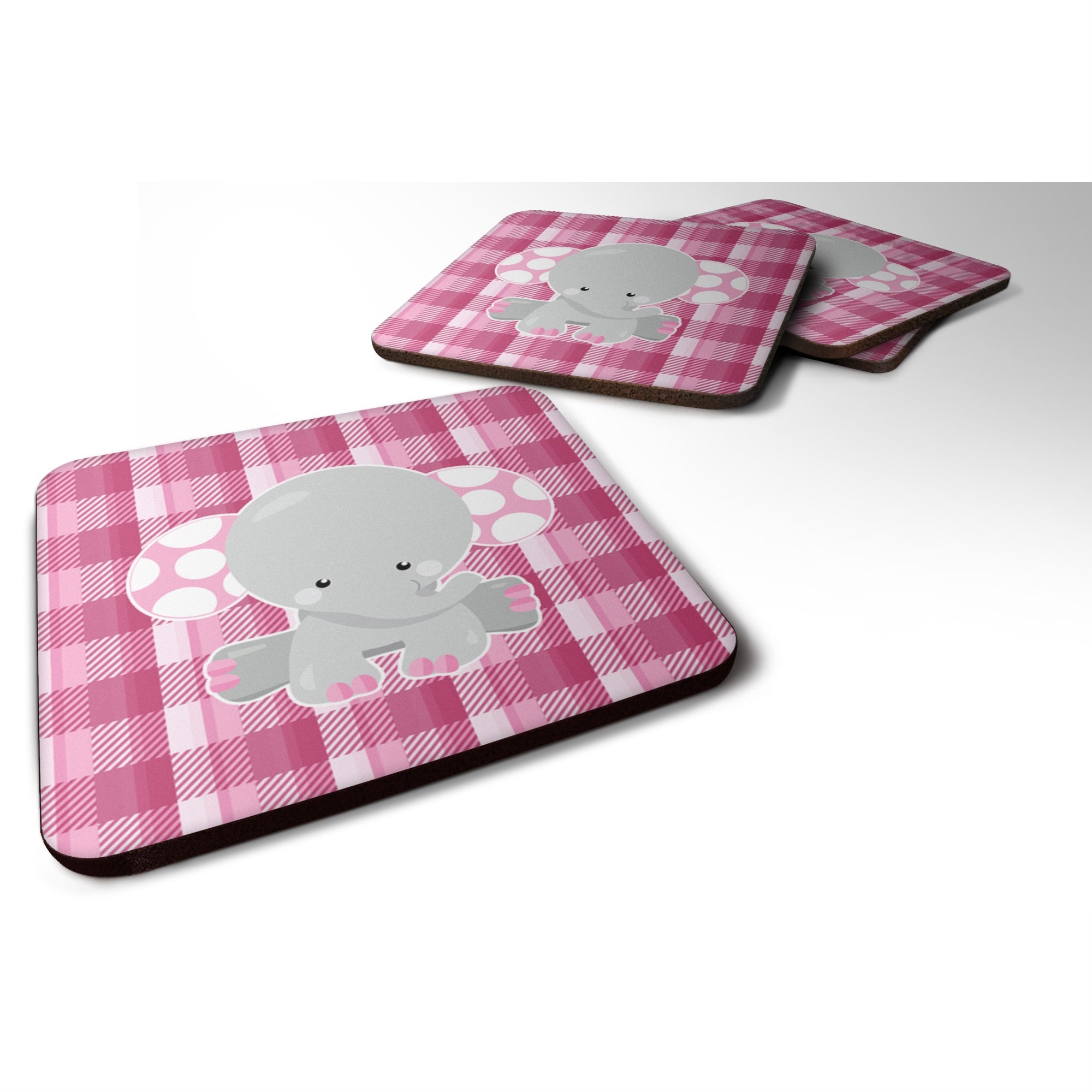 'Caroline'S Treasures Elephant Pink Gingham Foam Coaster Set Of 4, 3.5, Multicolor''