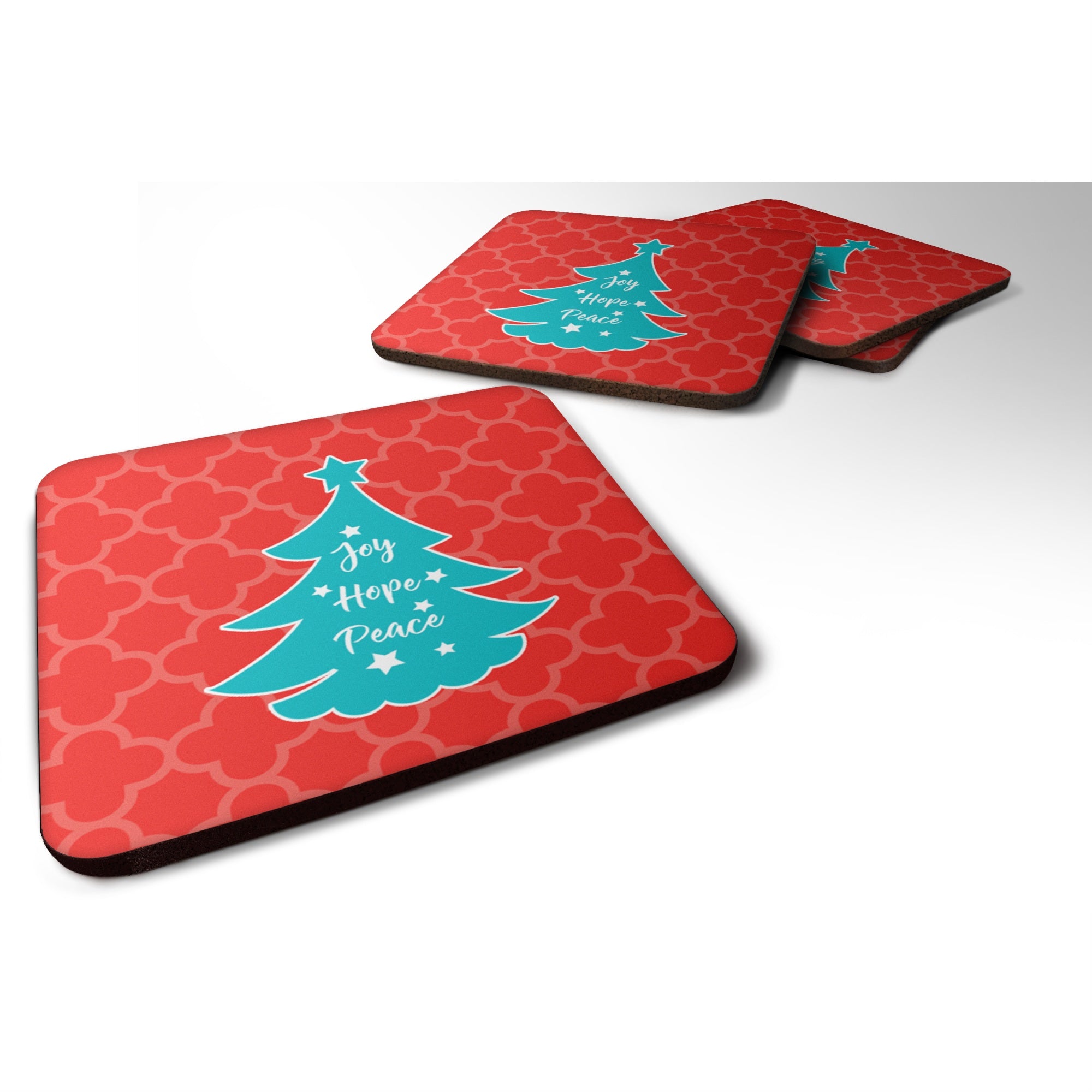 'Caroline'S Treasures Christmas Tree Red Teal Foam Coaster Set Of 4, 3.5, Multicolor''