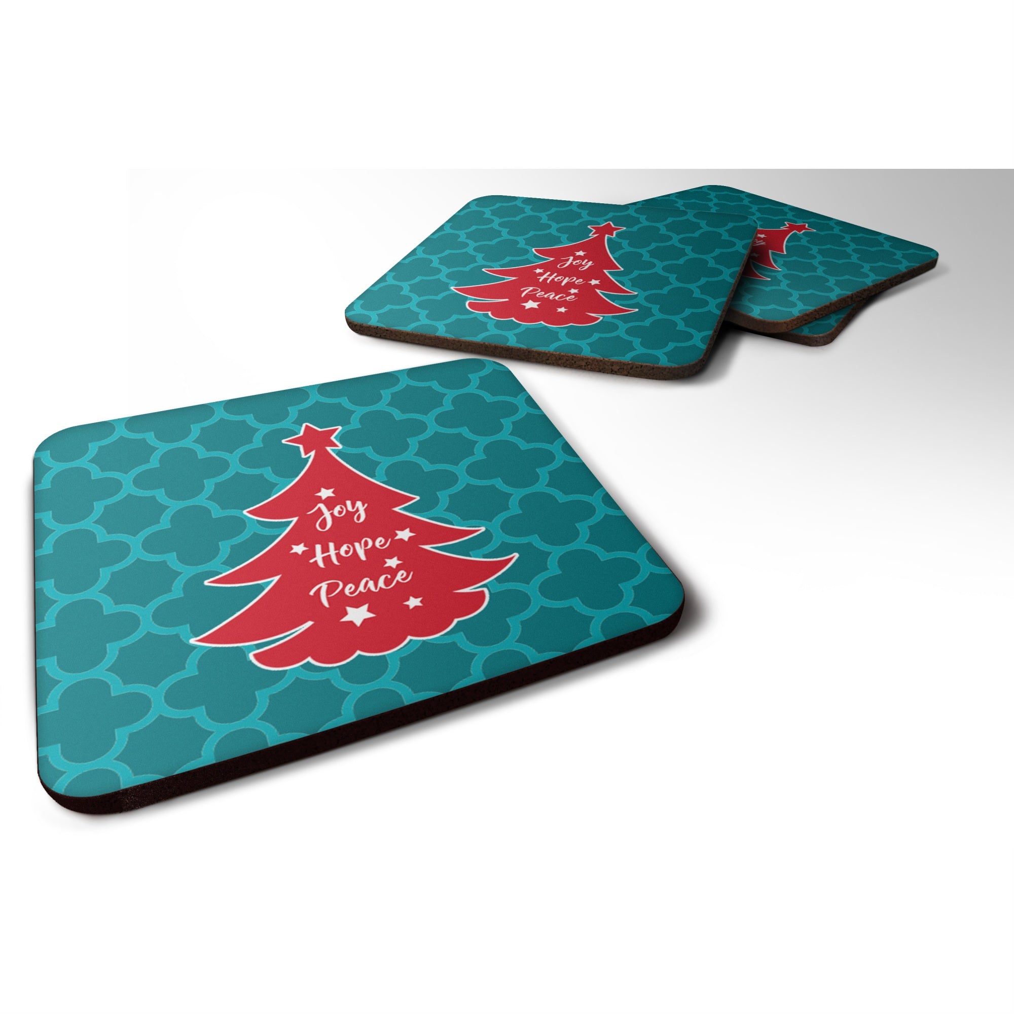 'Caroline'S Treasures Christmas Tree Teal Red Foam Coaster Set Of 4, 3.5, Multicolor''