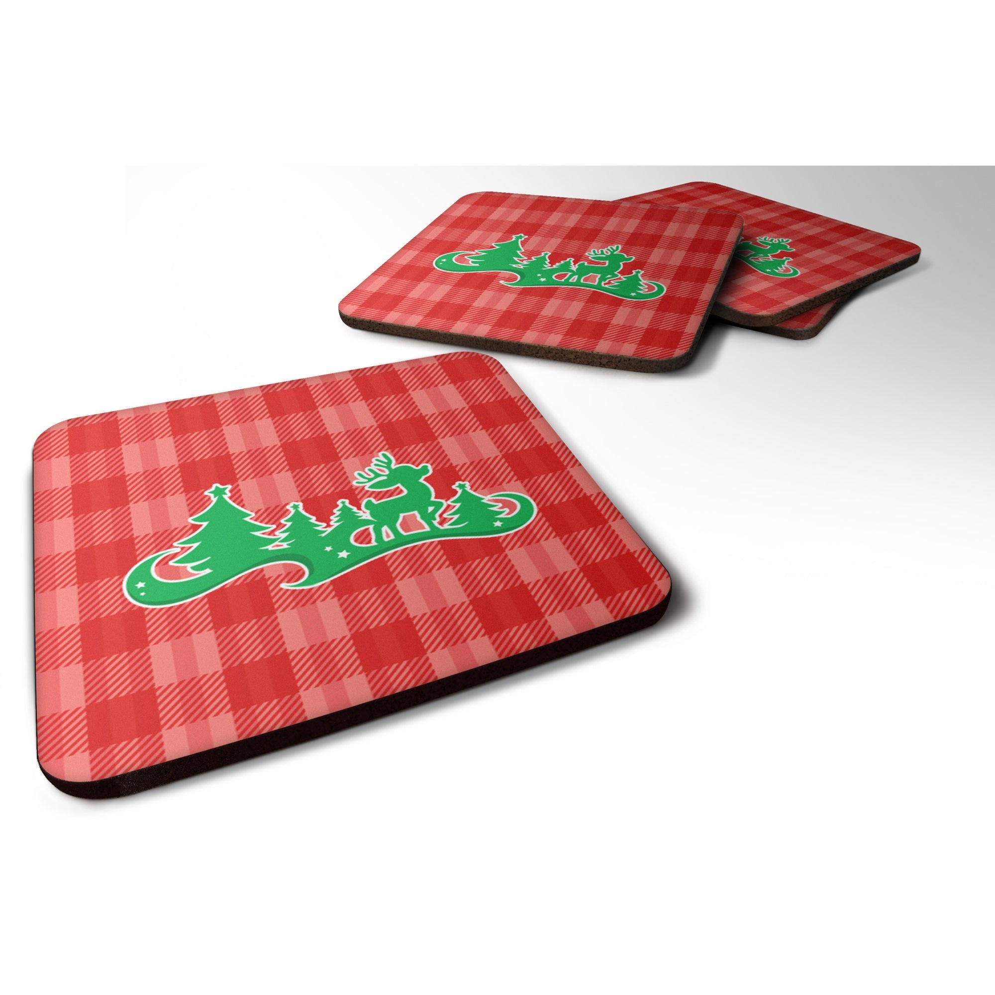 'Caroline'S Treasures Christmas Tree Reindeer Red Foam Coaster Set Of 4, 3.5, Multicolor''