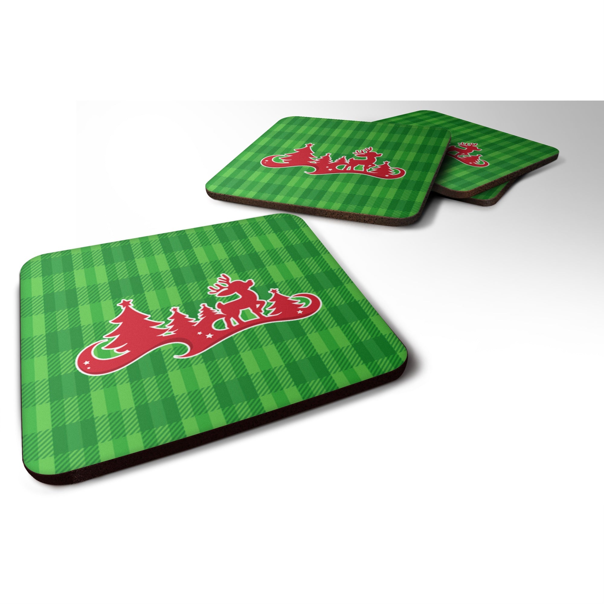 'Caroline'S Treasures Christmas Tree Reindeer Green Foam Coaster Set Of 4, 3.5, Multicolor''