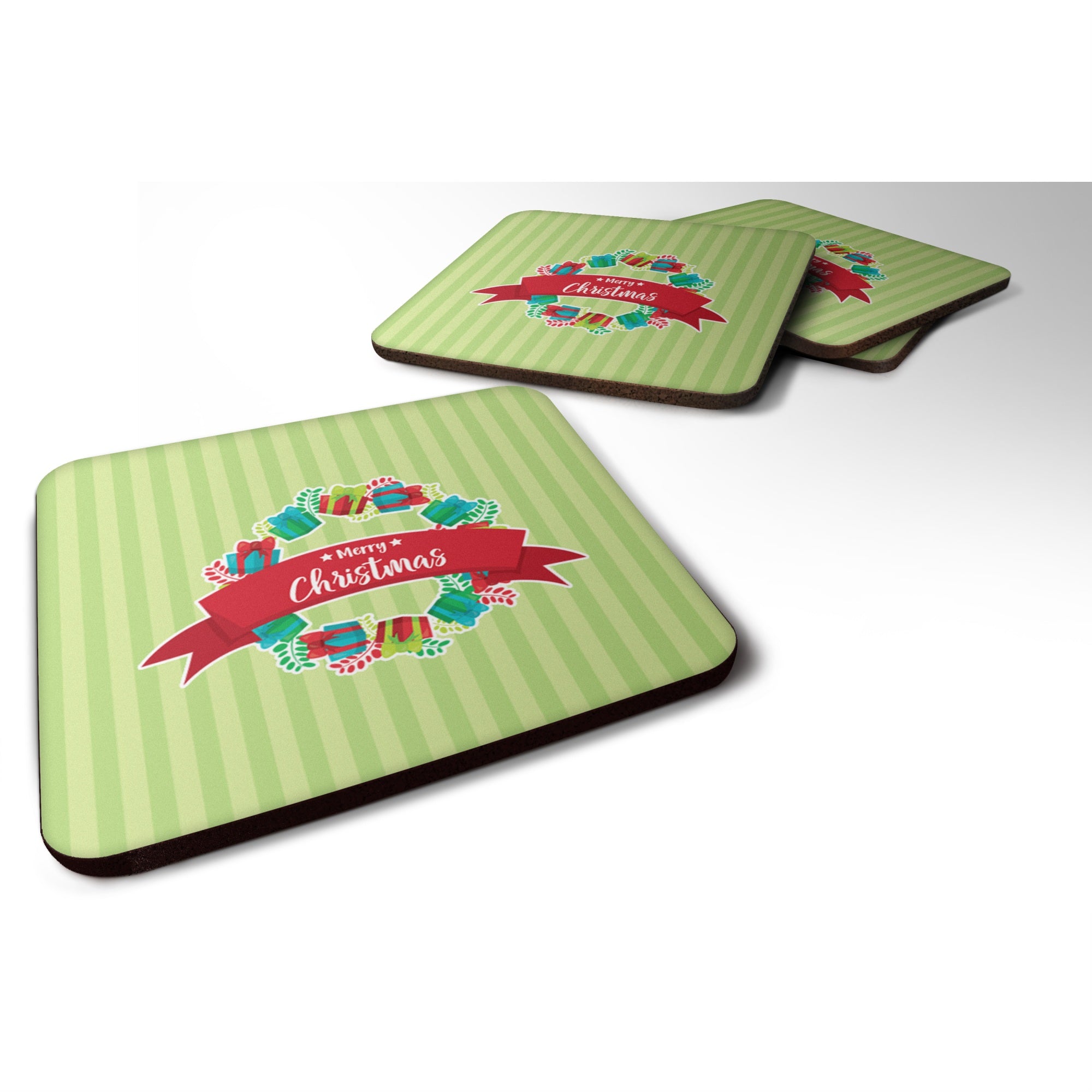 'Caroline'S Treasures Christmas Wreath Presents Green Foam Coaster Set Of 4, 3.5, Multicolor''