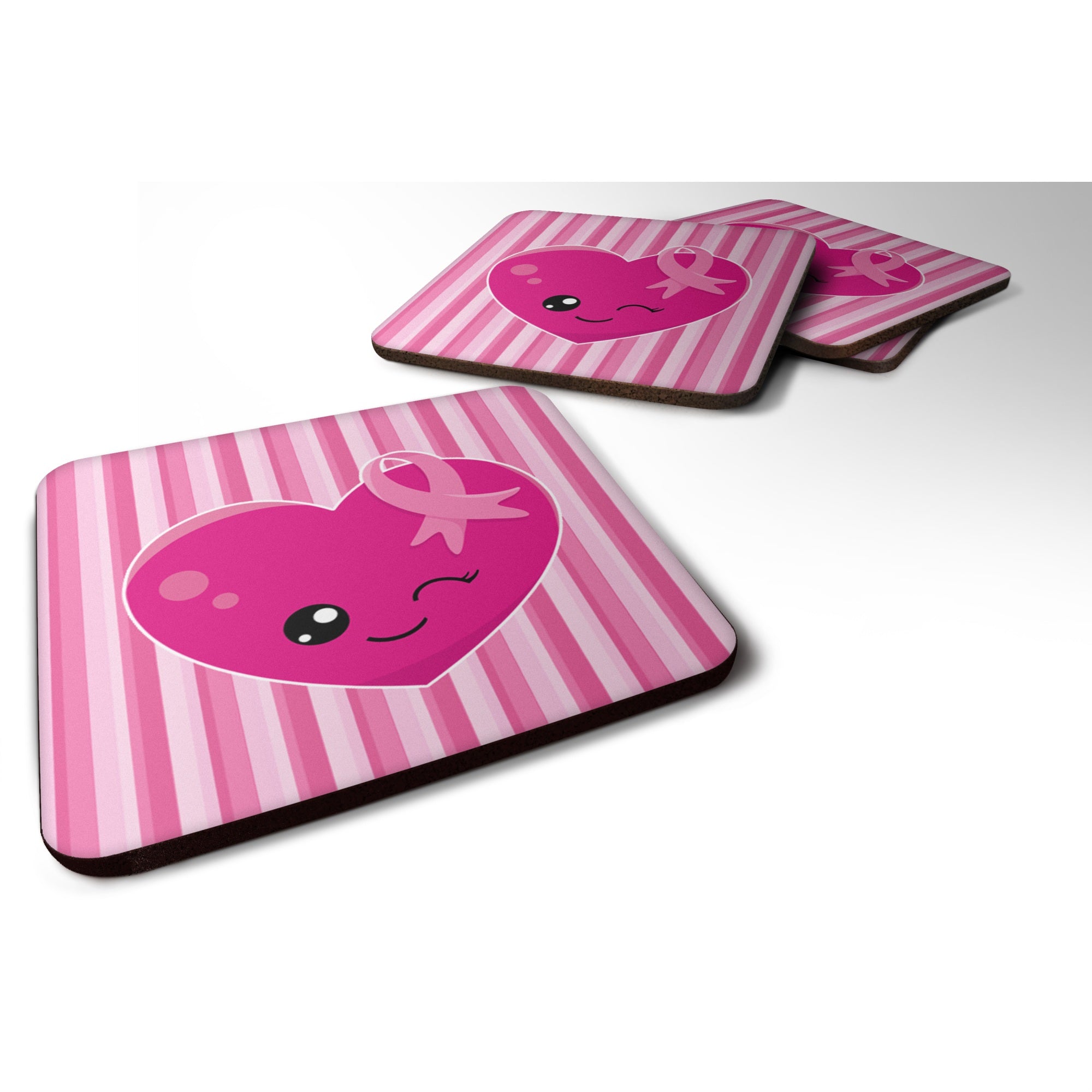 'Caroline'S Treasures Breast Cancer Awareness Ribbon Heart Foam Coaster Set Of 4, 3.5, Multicolor''