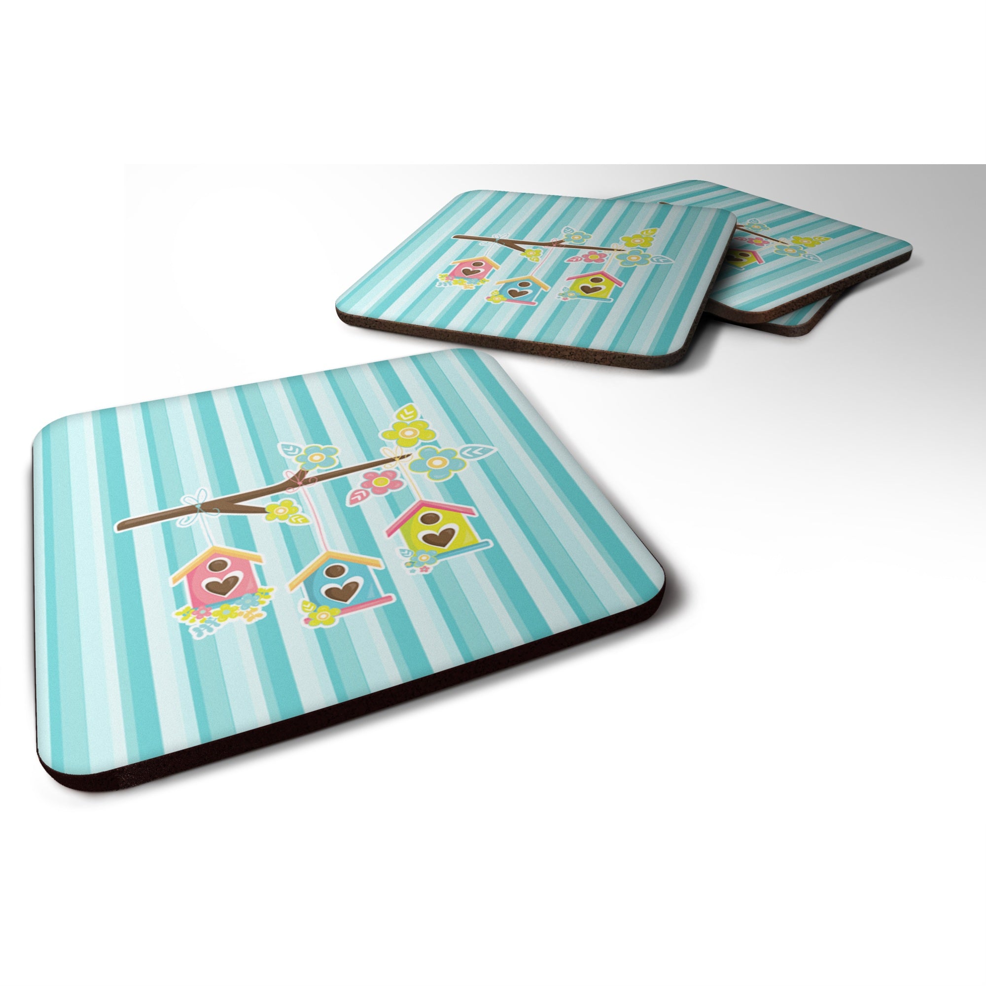 'Caroline'S Treasures Birdhouses On Blue Stripes Foam Coaster Set Of 4, 3.5, Multicolor''