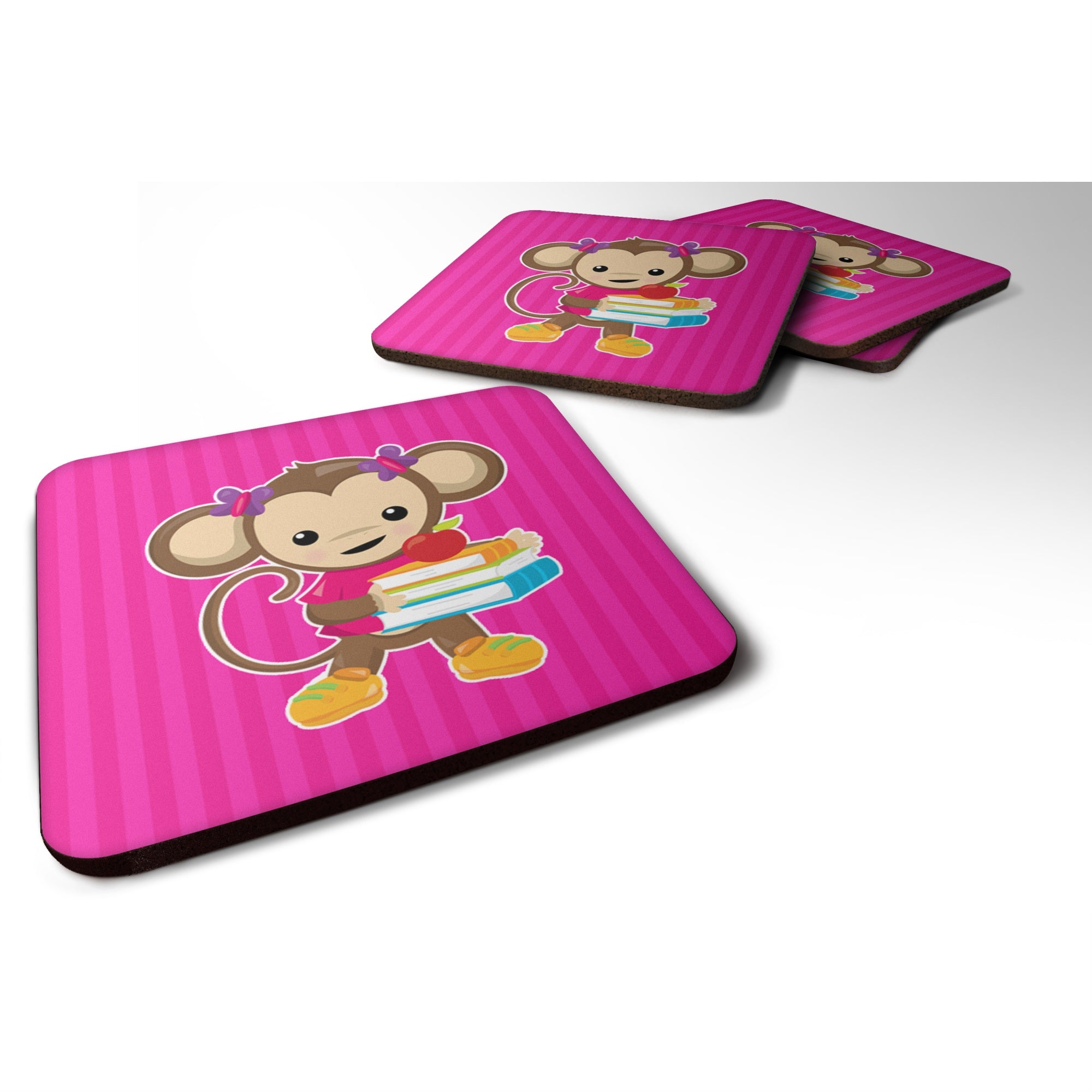 'Caroline'S Treasures Monkey & School Books Foam Coaster Set Of 4, 3.5, Multicolor''