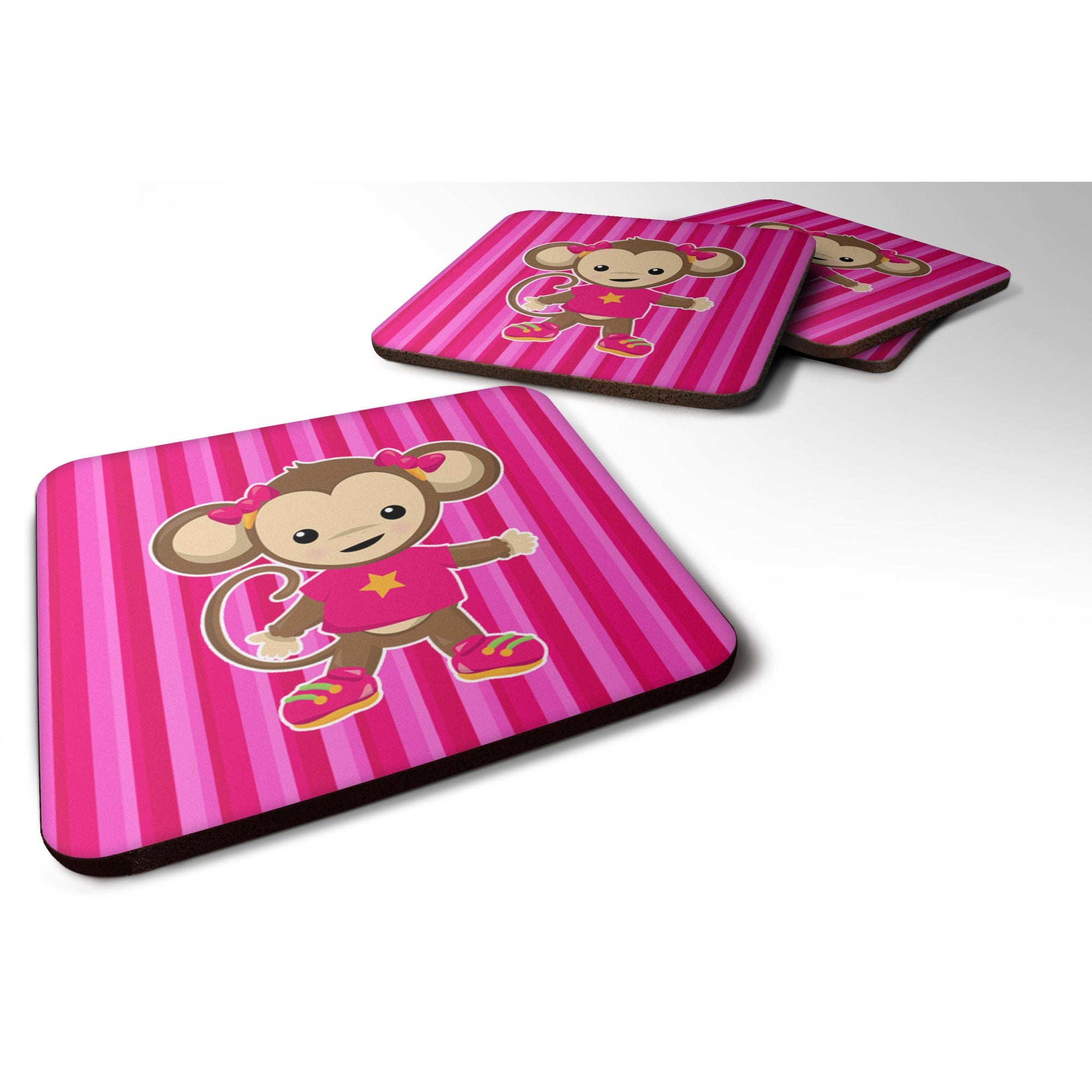 'Caroline'S Treasures Monkey On Pink Stripes Foam Coaster Set Of 4, 3.5, Multicolor''
