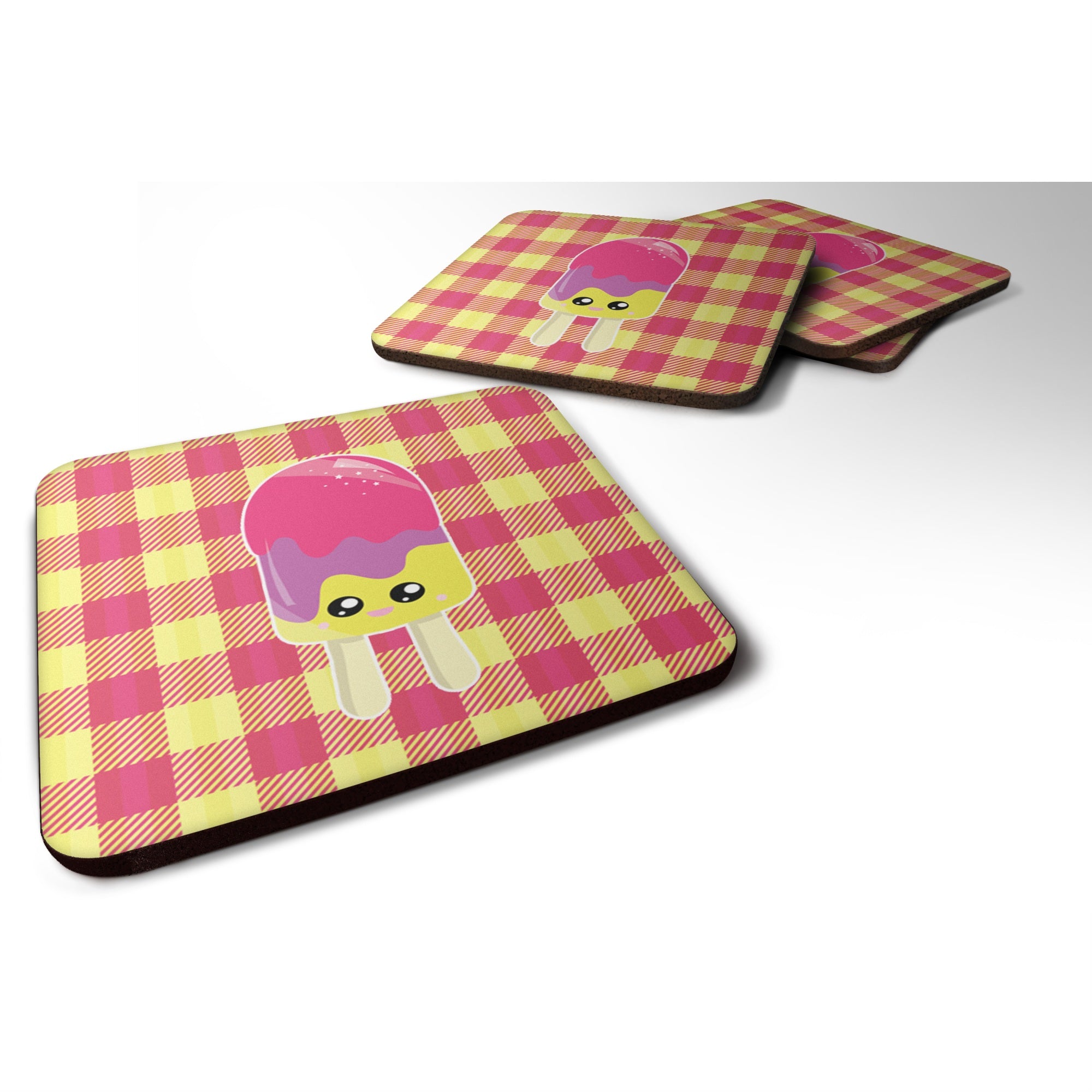 'Caroline'S Treasures Bb7068Fc Ice Pop Popcicle Face Gingham Foam Coaster Set Of 4, 3.5'''', Multicolor''