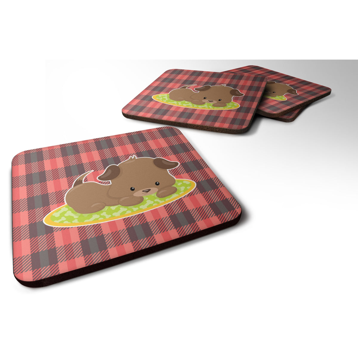 'Caroline'S Treasures Puppy On Black Red Gingham Foam Coaster Set Of 4, 3.5, Multicolor''