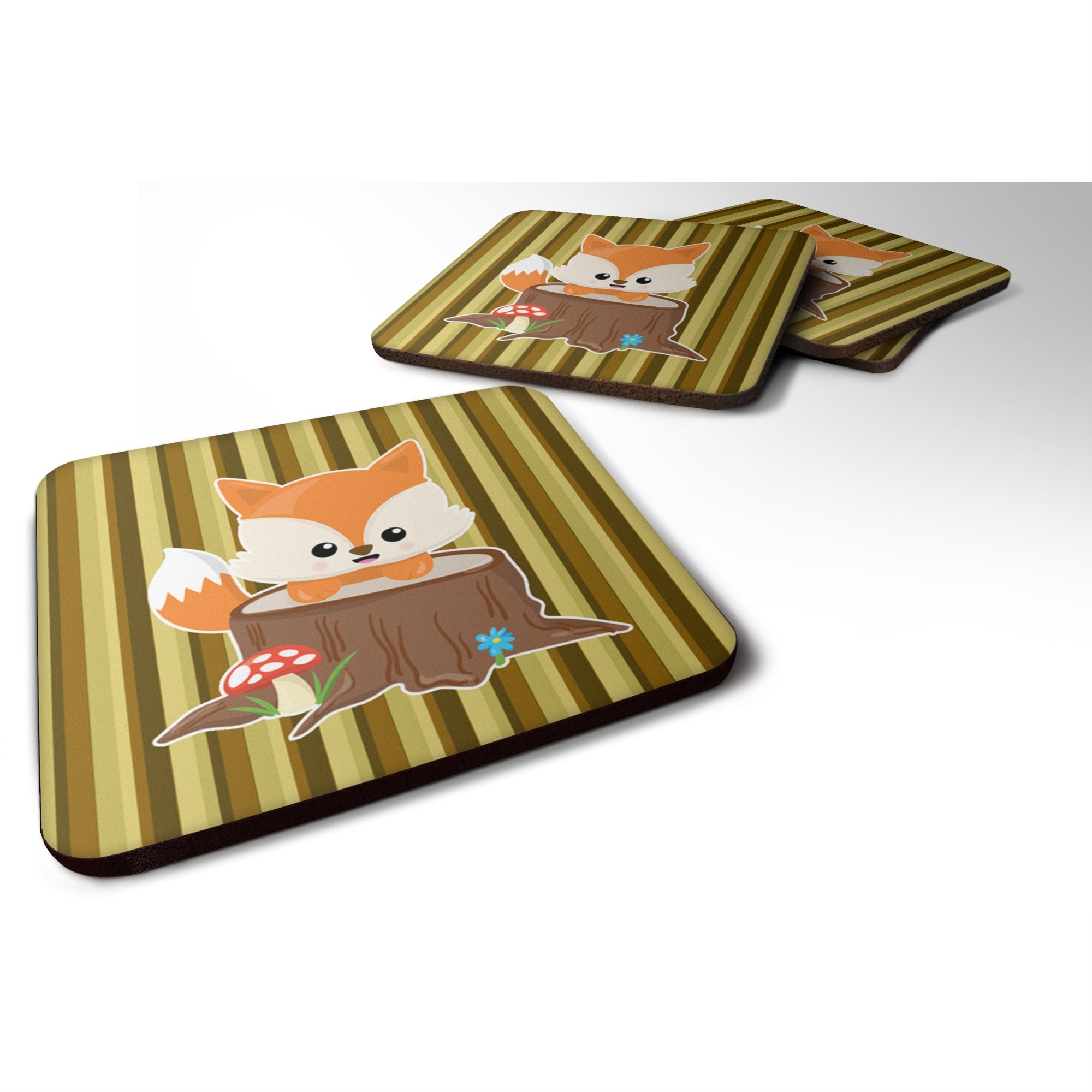 'Caroline'S Treasures Baby Fox Tree Stripes Foam Coaster Set Of 4, 3.5, Multicolor''