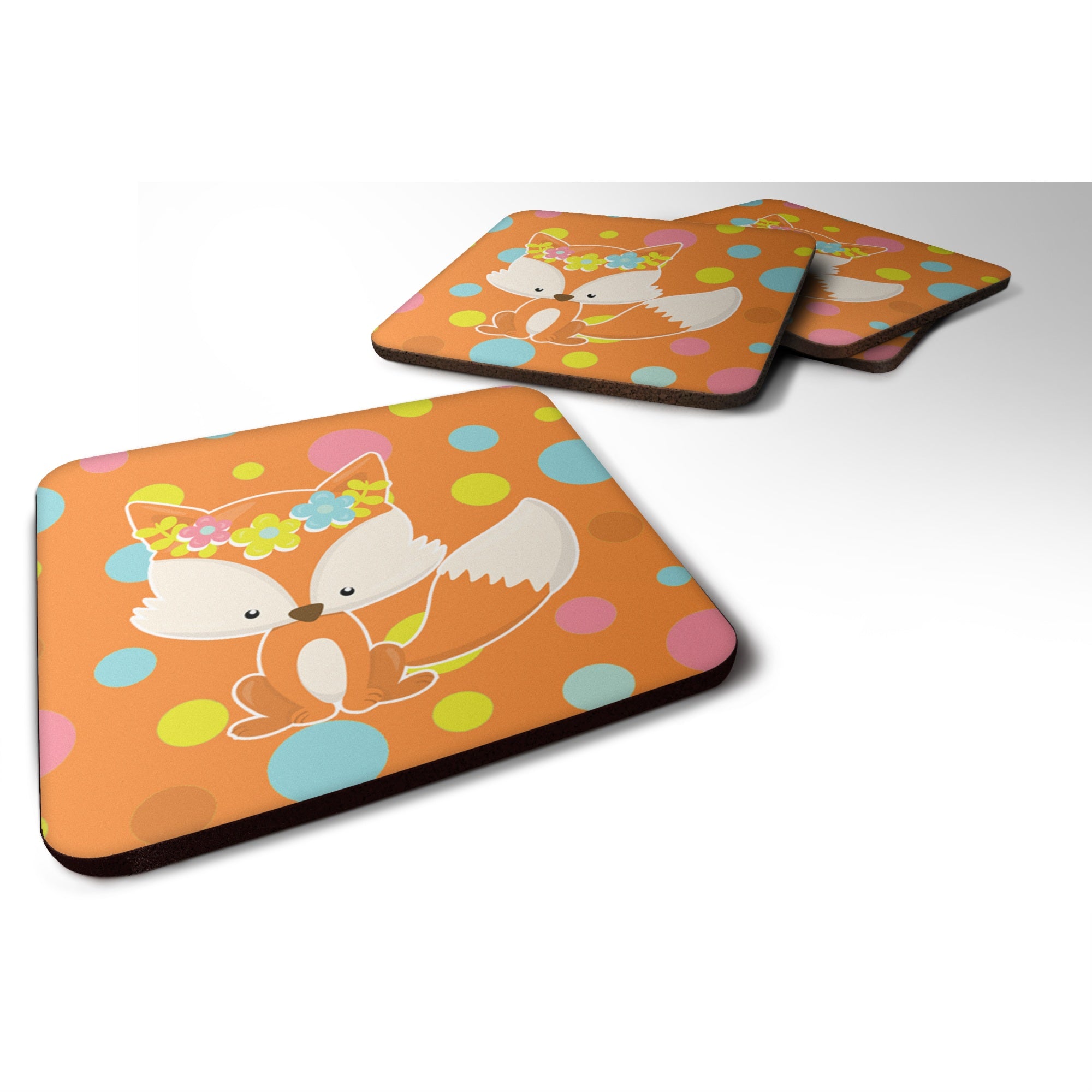 'Caroline'S Treasures Baby Fox Flowerchild Polkadots Foam Coaster Set Of 4, 3.5, Multicolor''