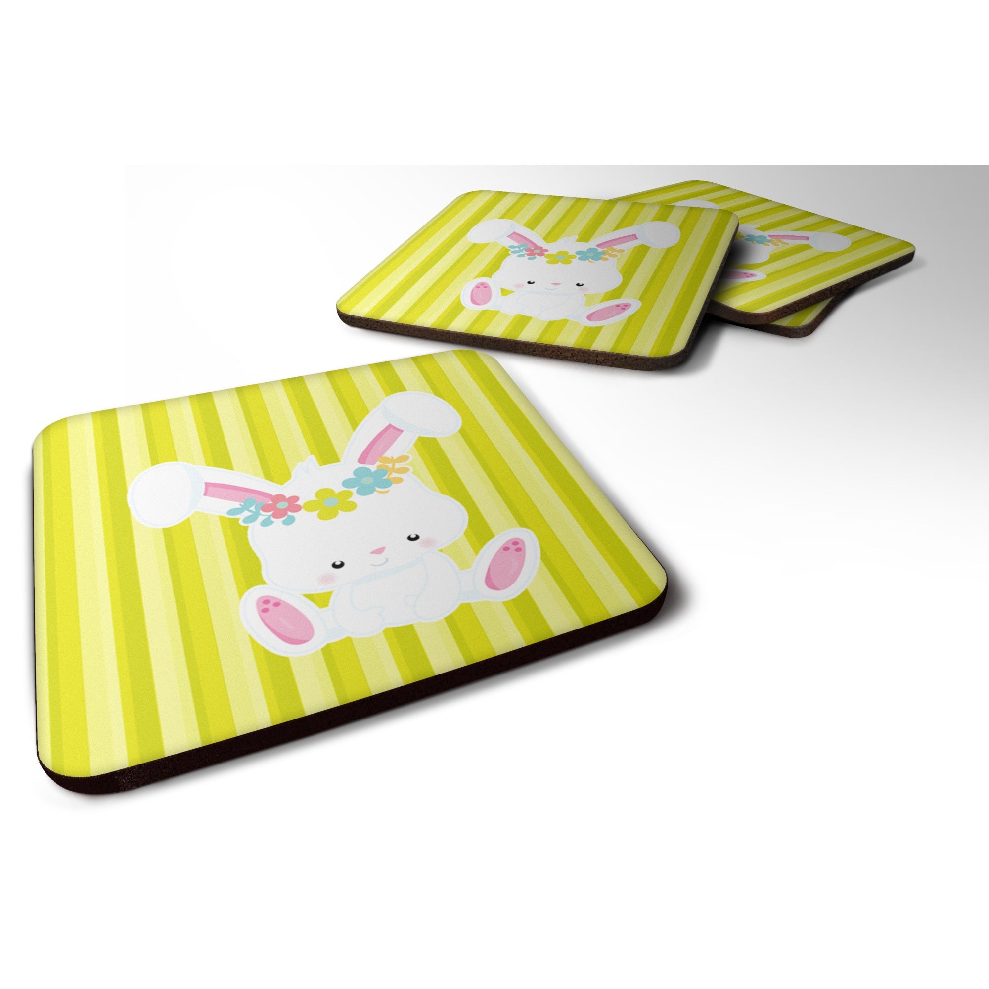 'Caroline'S Treasures Easter White Rabbit With Flowers Foam Coaster Set Of 4, 3.5, Multicolor''