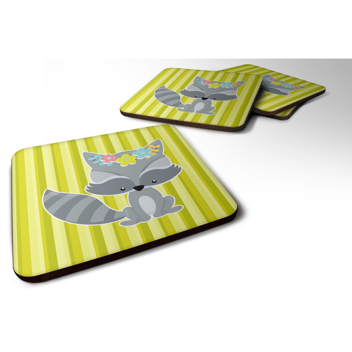 'Caroline'S Treasures Raccoon With Flowers Foam Coaster Set Of 4, 3.5, Multicolor''