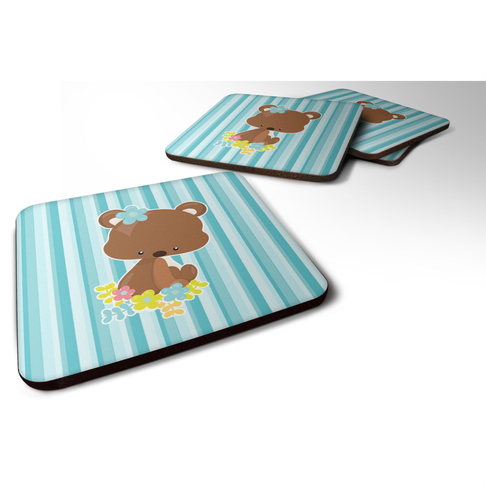 'Caroline'S Treasures Bear With Flowers Foam Coaster Set Of 4, 3.5, Multicolor''
