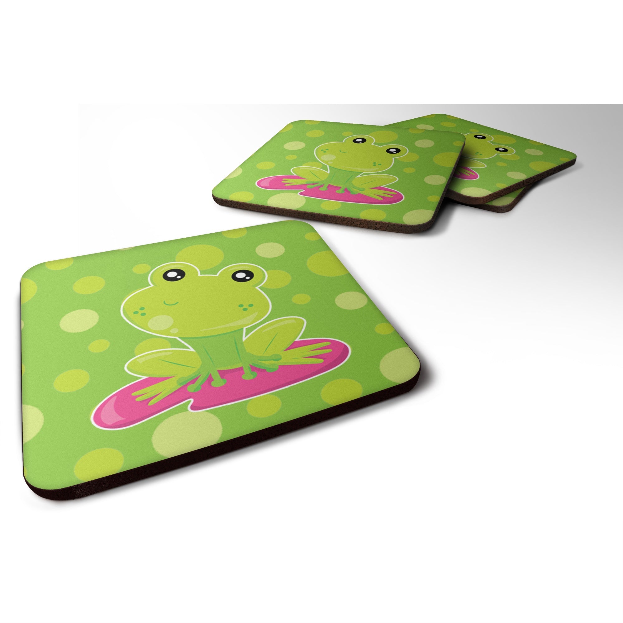'Caroline'S Treasures Frog On Lily Pad Green Polkadots Foam Coaster Set Of 4, 3.5, Multicolor''
