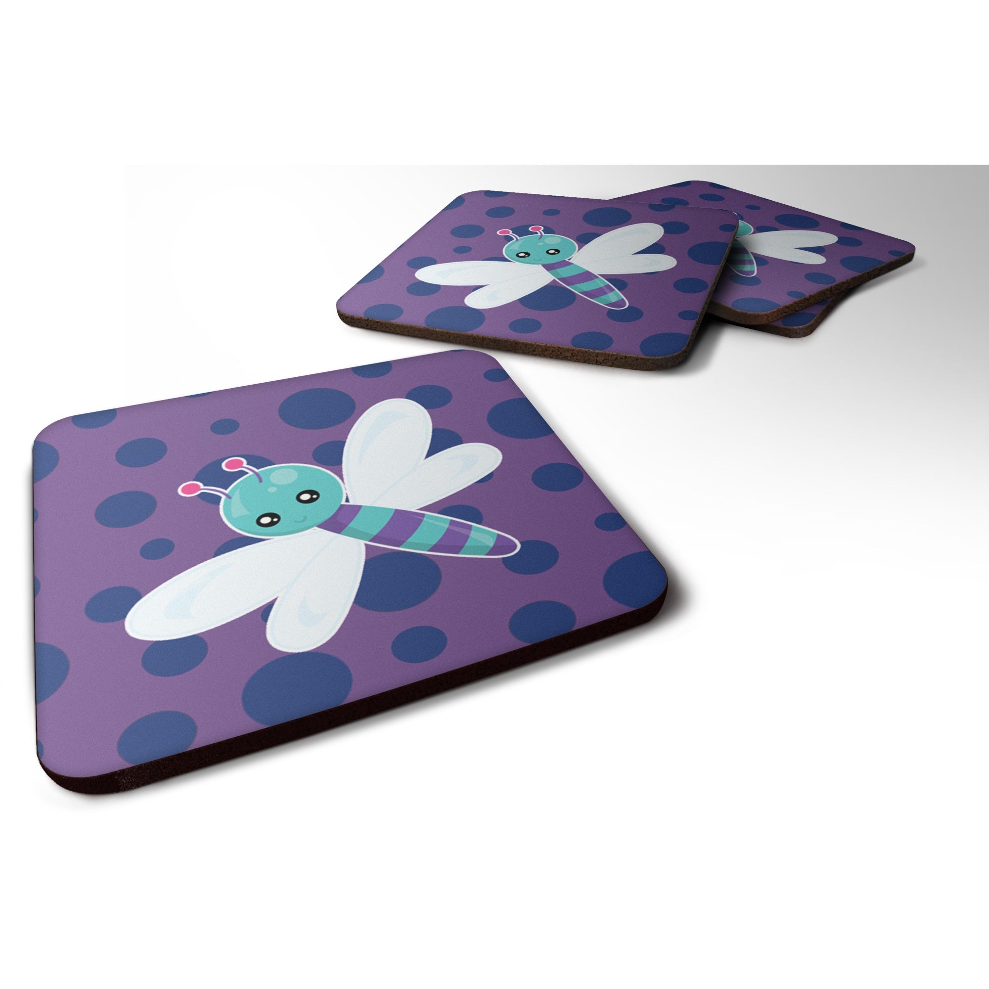 'Caroline'S Treasures Dragonfly On Purple Polkadots Foam Coaster Set Of 4, 3.5, Multicolor''