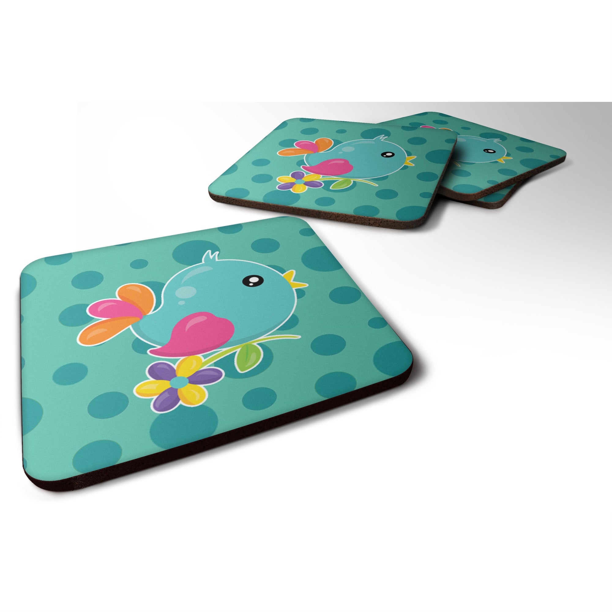 'Caroline'S Treasures Bird On Teal Polkadots Foam Coaster Set Of 4, 3.5, Multicolor''