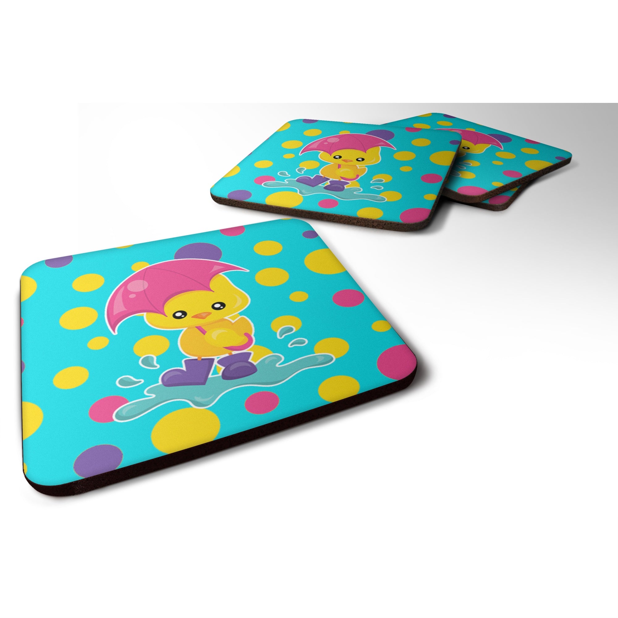 'Caroline'S Treasures Duck In The Rain On Polkadots Foam Coaster Set Of 4, 3.5, Multicolor''