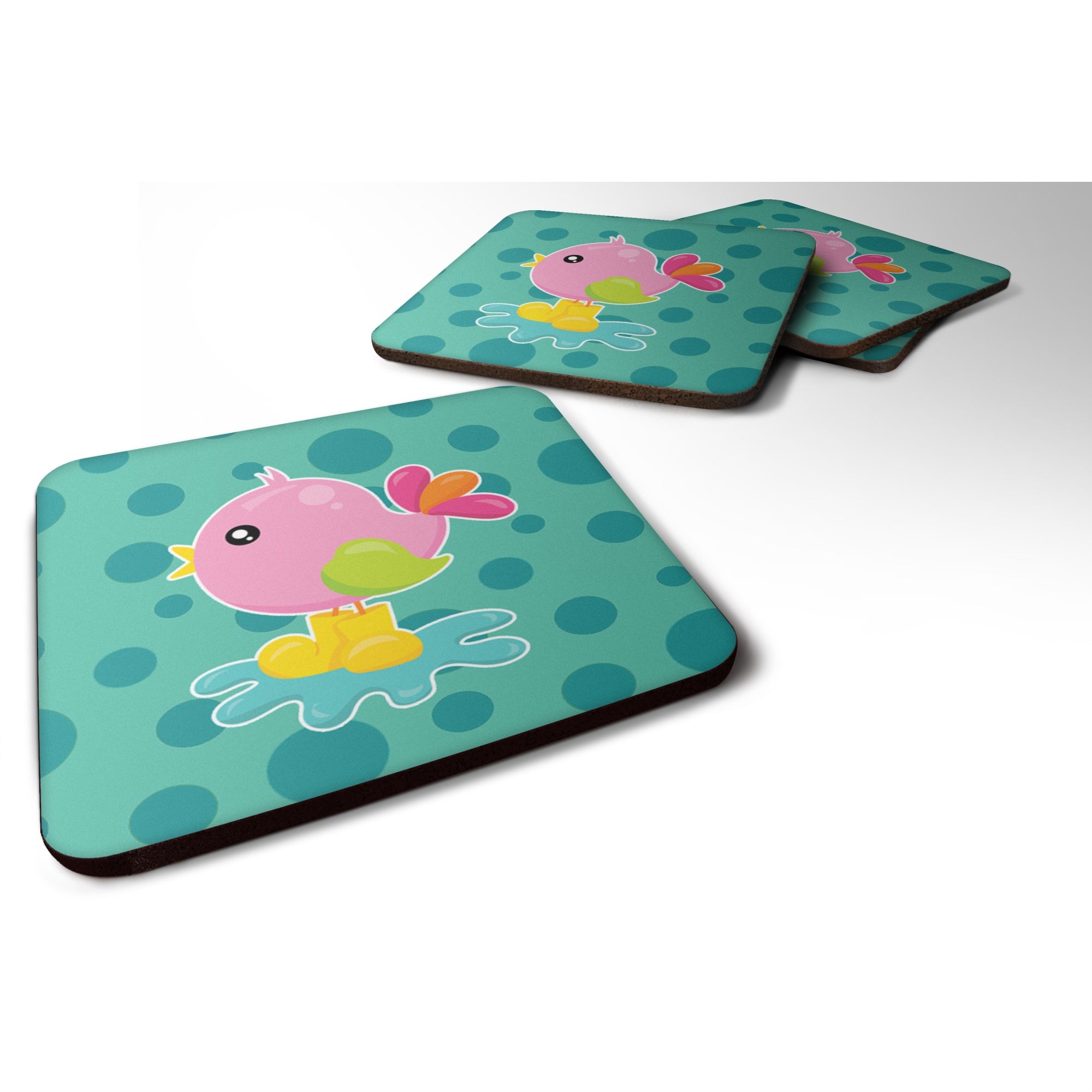 'Caroline'S Treasures Bird In Rainboots & Puddle Foam Coaster Set Of 4, 3.5, Multicolor''