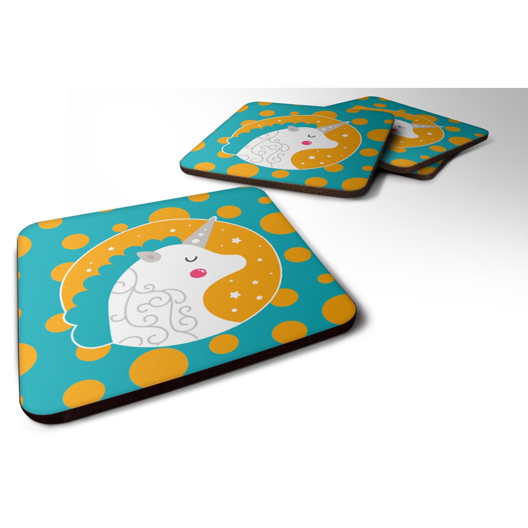 'Caroline'S Treasures Bb7137Fc Unicorn Orange Polkadots Foam Coaster Set Of 4, 3.5'''', Multicolor''