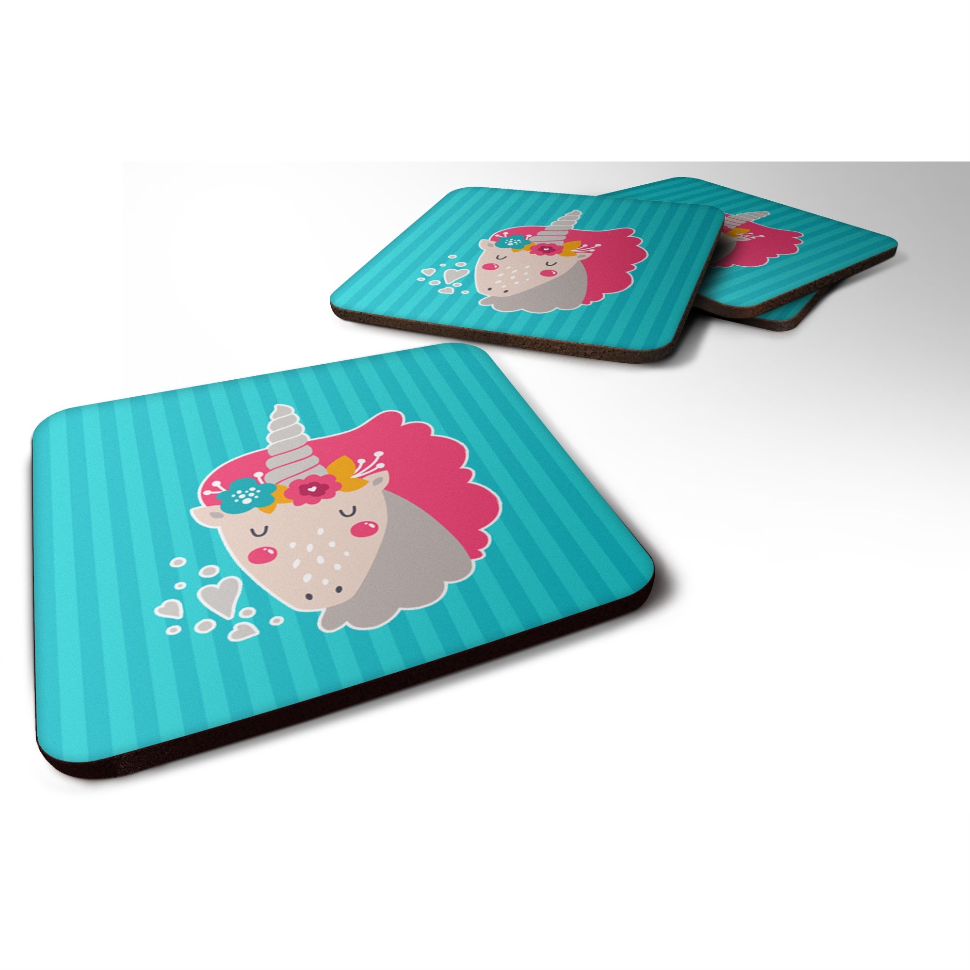 'Caroline'S Treasures Unicorn Blue Stripes Foam Coaster Set Of 4, 3.5, Multicolor''