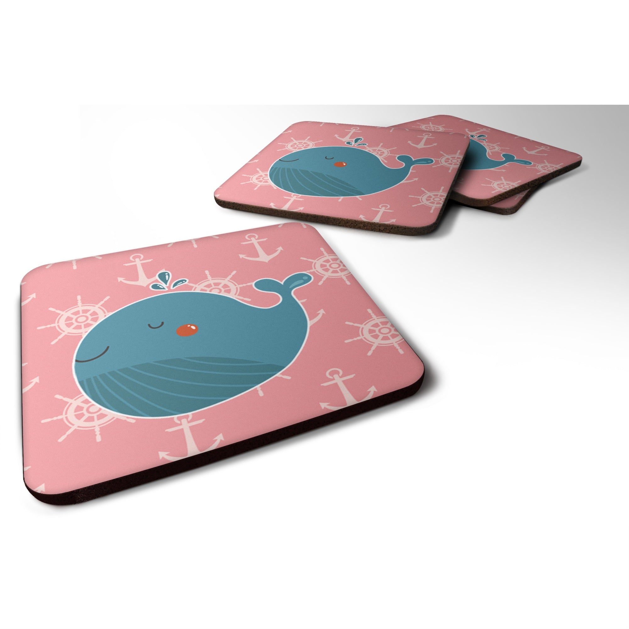 'Caroline'S Treasures Whale On Pink Nautical Foam Coaster Set Of 4, 3.5, Multicolor''