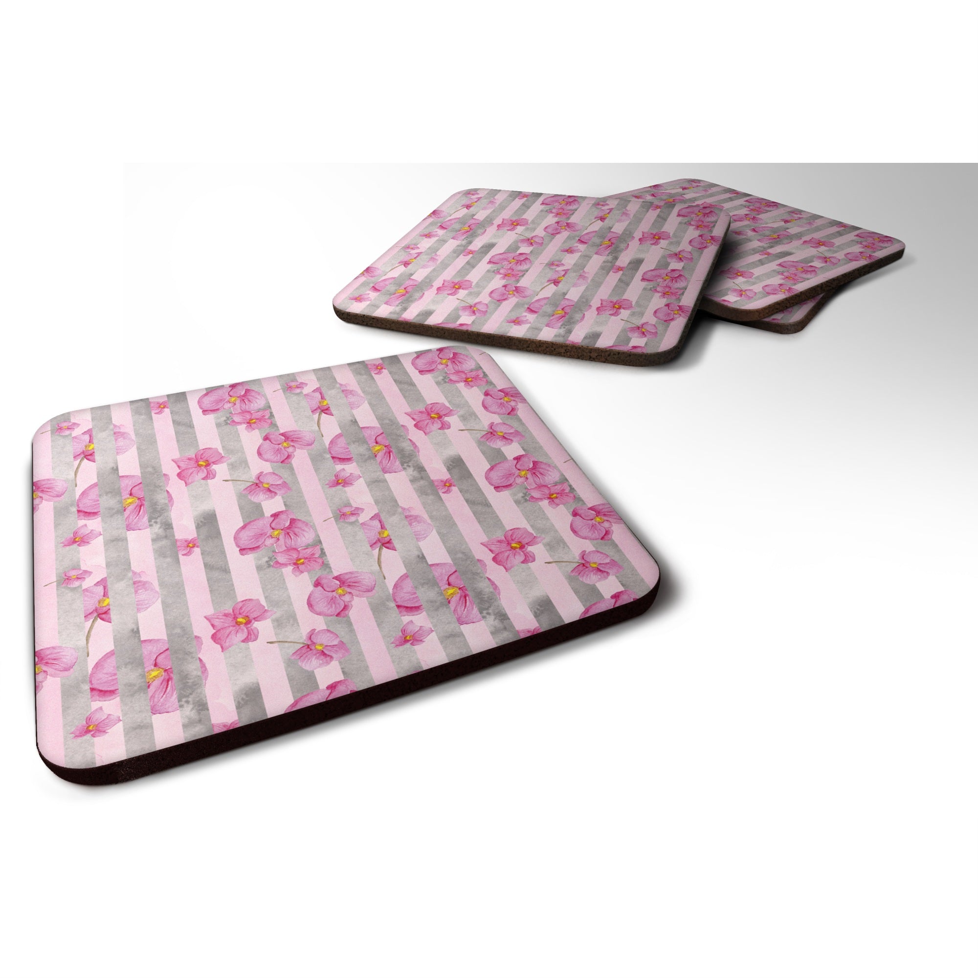 'Caroline'S Treasures Watercolor Pink Flowers Grey Stripes Decorative Coasters, 3.5, Multicolor''
