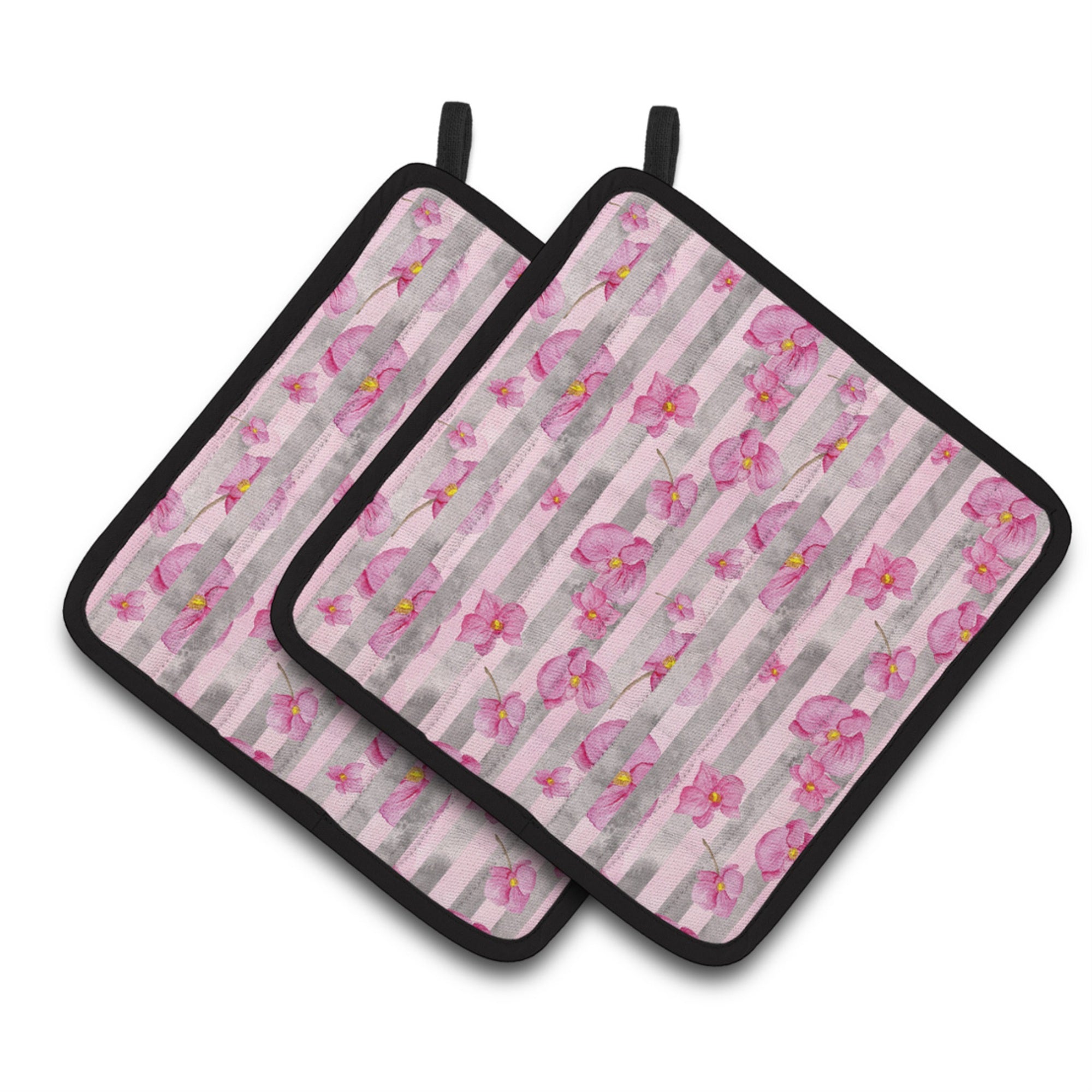 'Caroline'S Treasures Watercolor Pink Flowers Grey Stripes Decorated Pot Holder, 7.5'''' X 7.5'''', Multicolor''