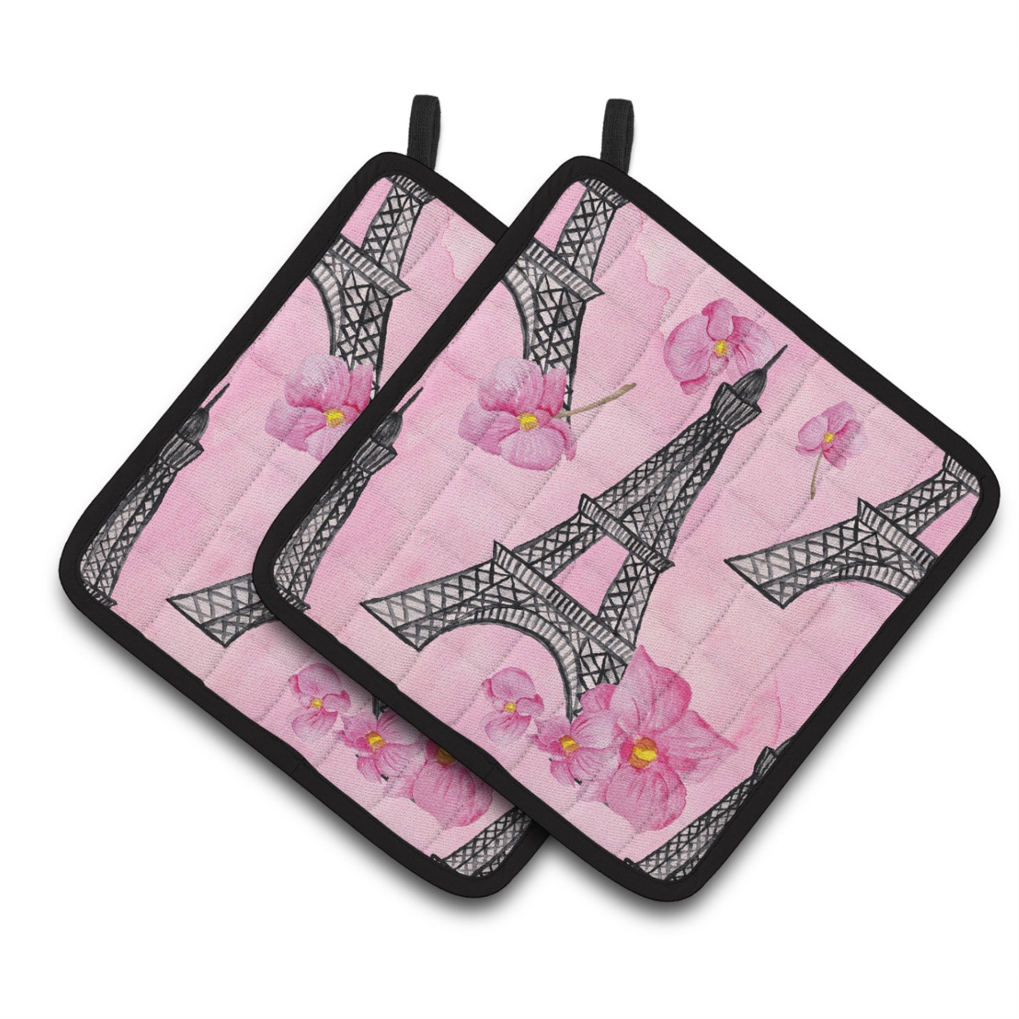 'Caroline'S Treasures Watercolor Pink Flowers And Eiffel Tower Decorated Pot Holder, 7.5'''' X 7.5'''', Multicolor''