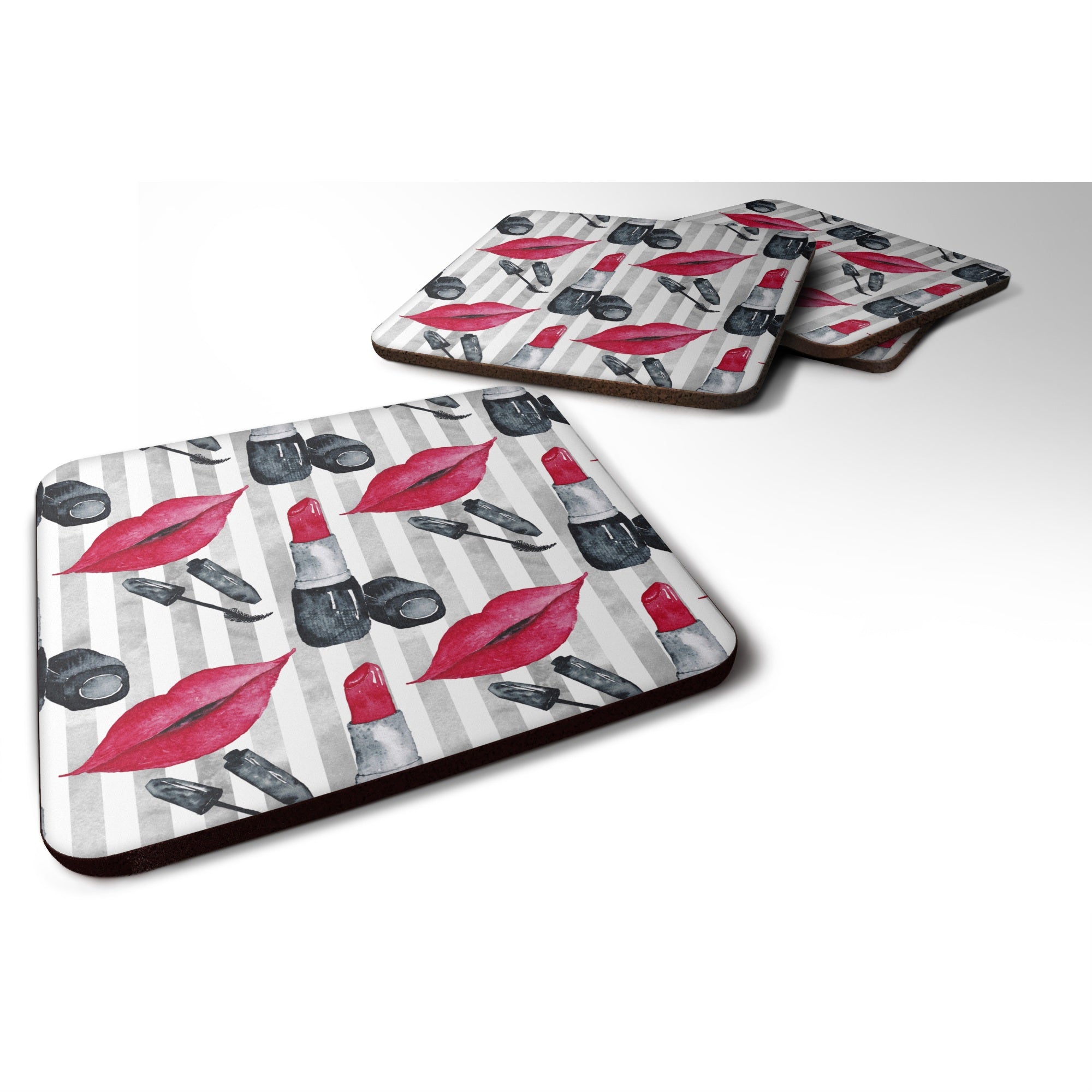 'Caroline'S Treasures Watercolor Lipstick And Grey Stripes Decorative Coasters, 3.5, Multicolor''